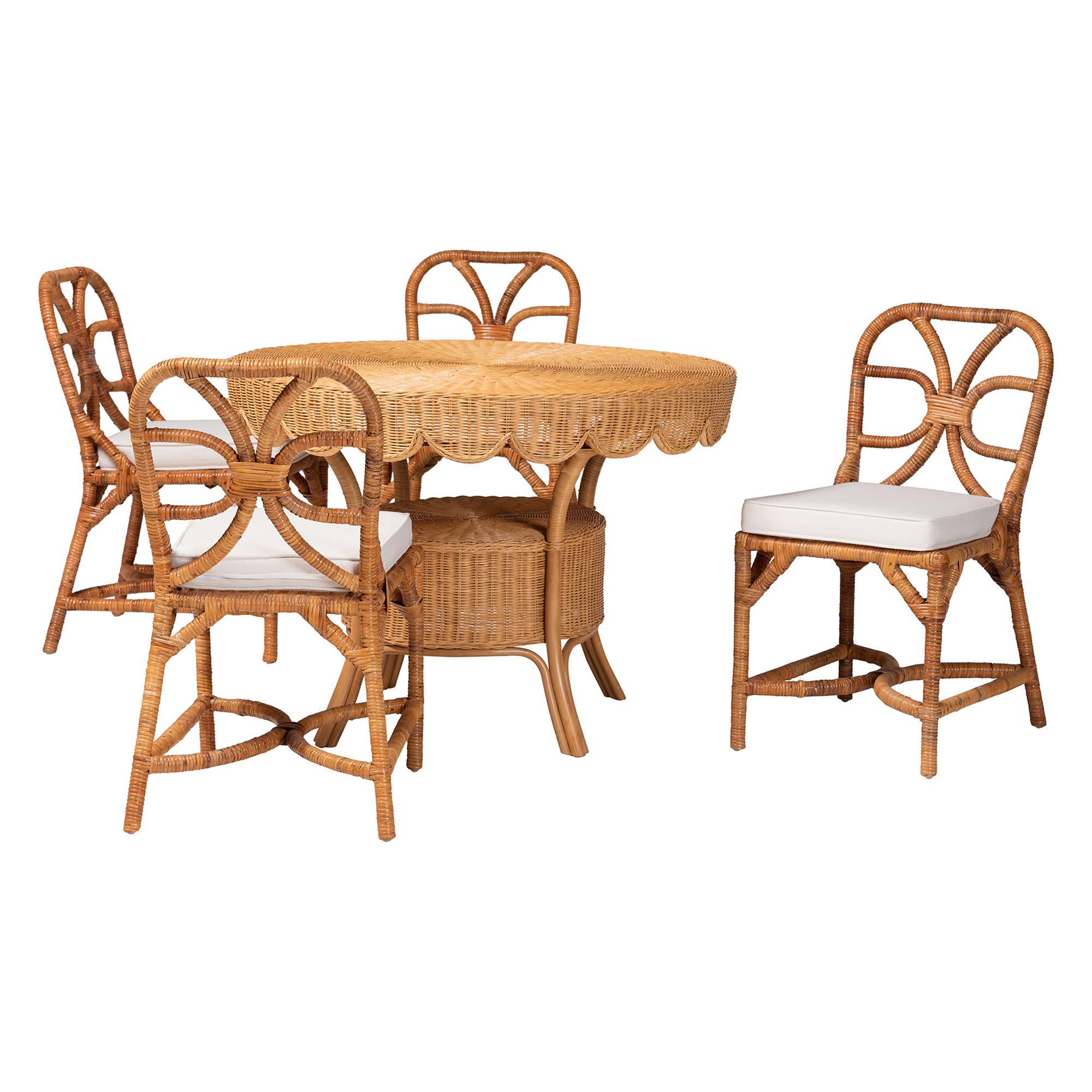 bali & pari Trenton 5-Piece Rattan Dining Set - Round Wicker Table with Scallop Edge and 4 Side Chairs, Handwoven Boho Coastal Style for Dining, Kitchen or Sun Room, Light Honey