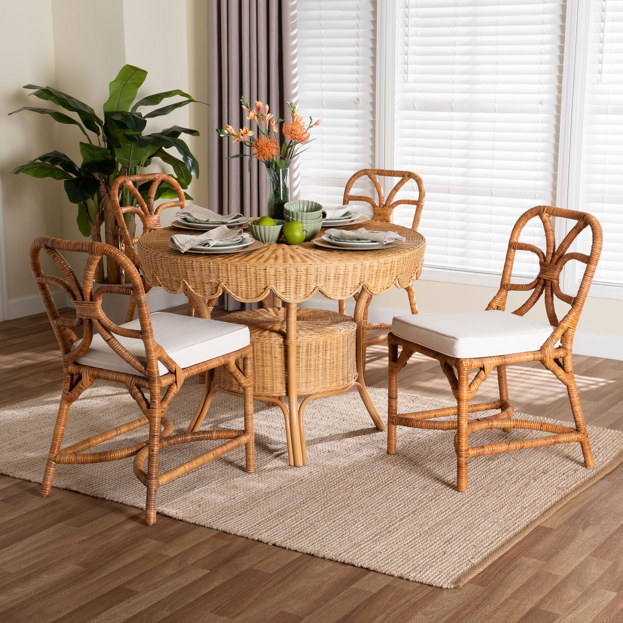 bali & pari Trenton 5-Piece Rattan Dining Set - Round Wicker Table with Scallop Edge and 4 Side Chairs, Handwoven Boho Coastal Style for Dining, Kitchen or Sun Room, Light Honey