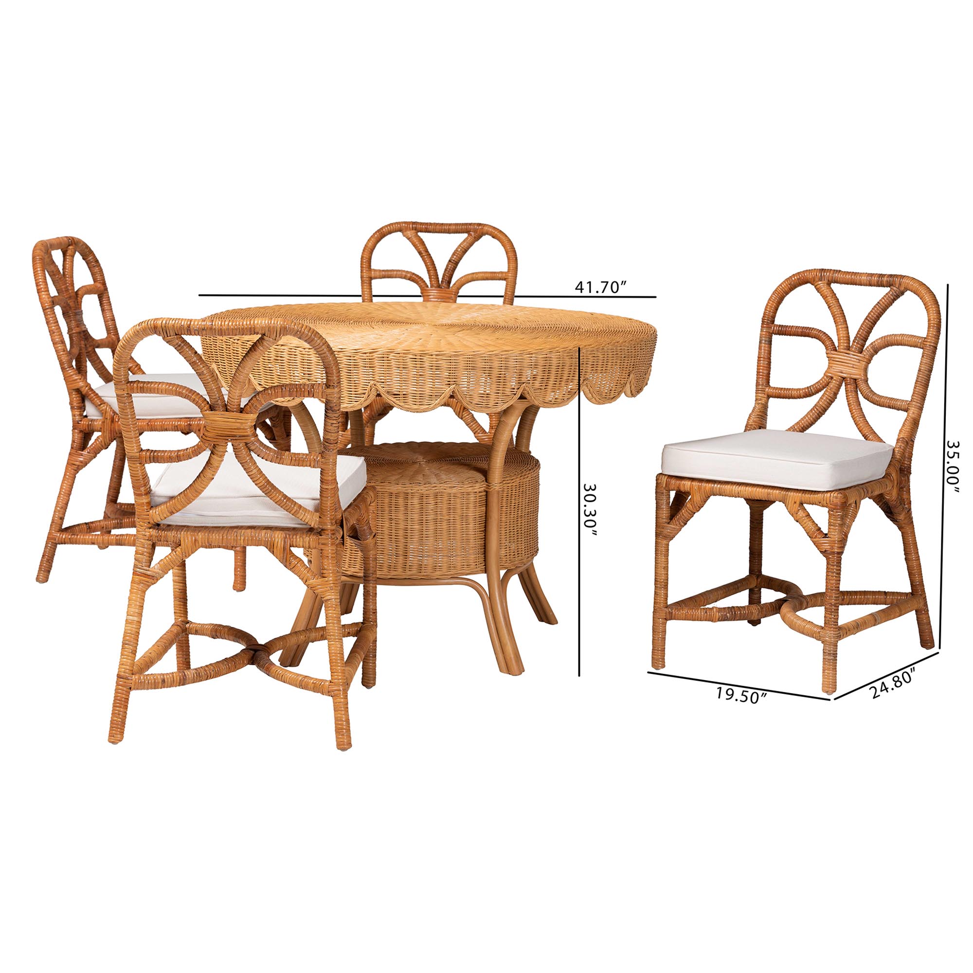 bali & pari Trenton 5-Piece Rattan Dining Set - Round Wicker Table with Scallop Edge and 4 Side Chairs, Handwoven Boho Coastal Style for Dining, Kitchen or Sun Room, Light Honey