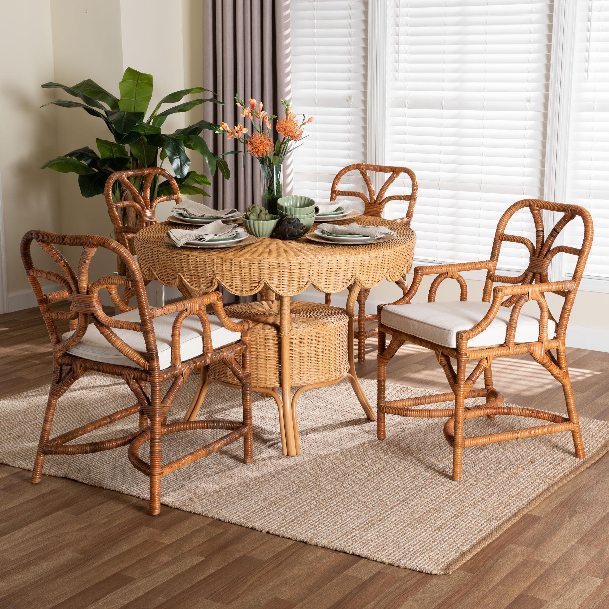 bali & pari Trevor 5-Piece Rattan Dining Set - Round Wicker Table with Scallop Edge and 4 Armchairs, Handwoven Boho Coastal Style for Dining, Kitchen or Sun Room, Light Honey