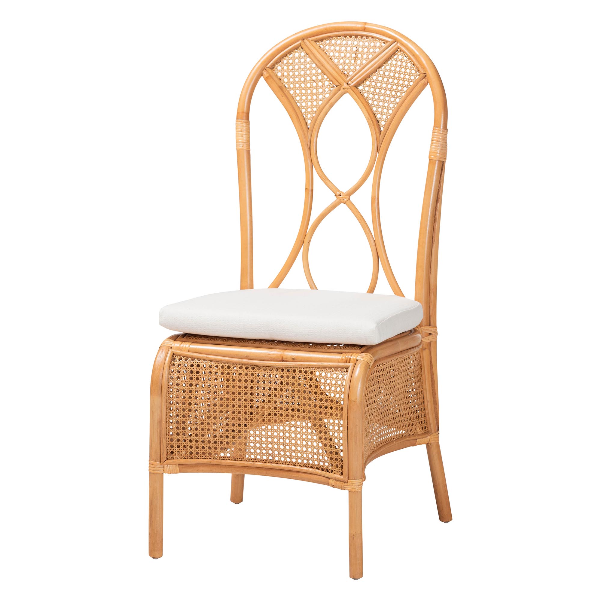 bali & pari Travis 5-Piece Natural Rattan Dining Set - Handwoven Wicker Set with Round Scalloped Edge Table and  4 Curved Back Chairs, Coastal Boho Dining Room Furniture with Cushioned Seating