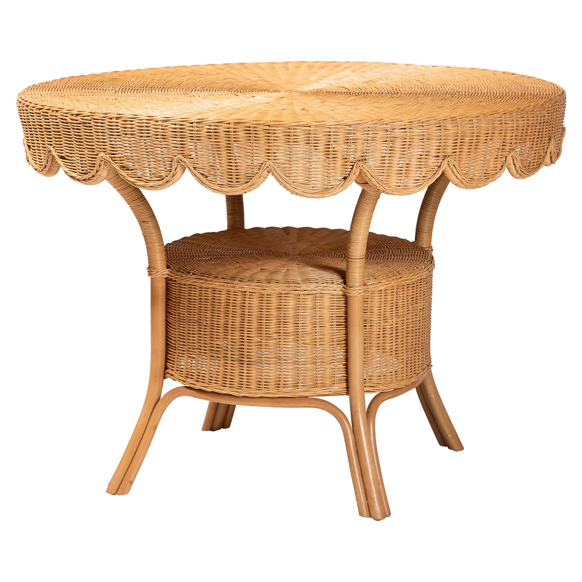 bali & pari Travis 5-Piece Natural Rattan Dining Set - Handwoven Wicker Set with Round Scalloped Edge Table and  4 Curved Back Chairs, Coastal Boho Dining Room Furniture with Cushioned Seating