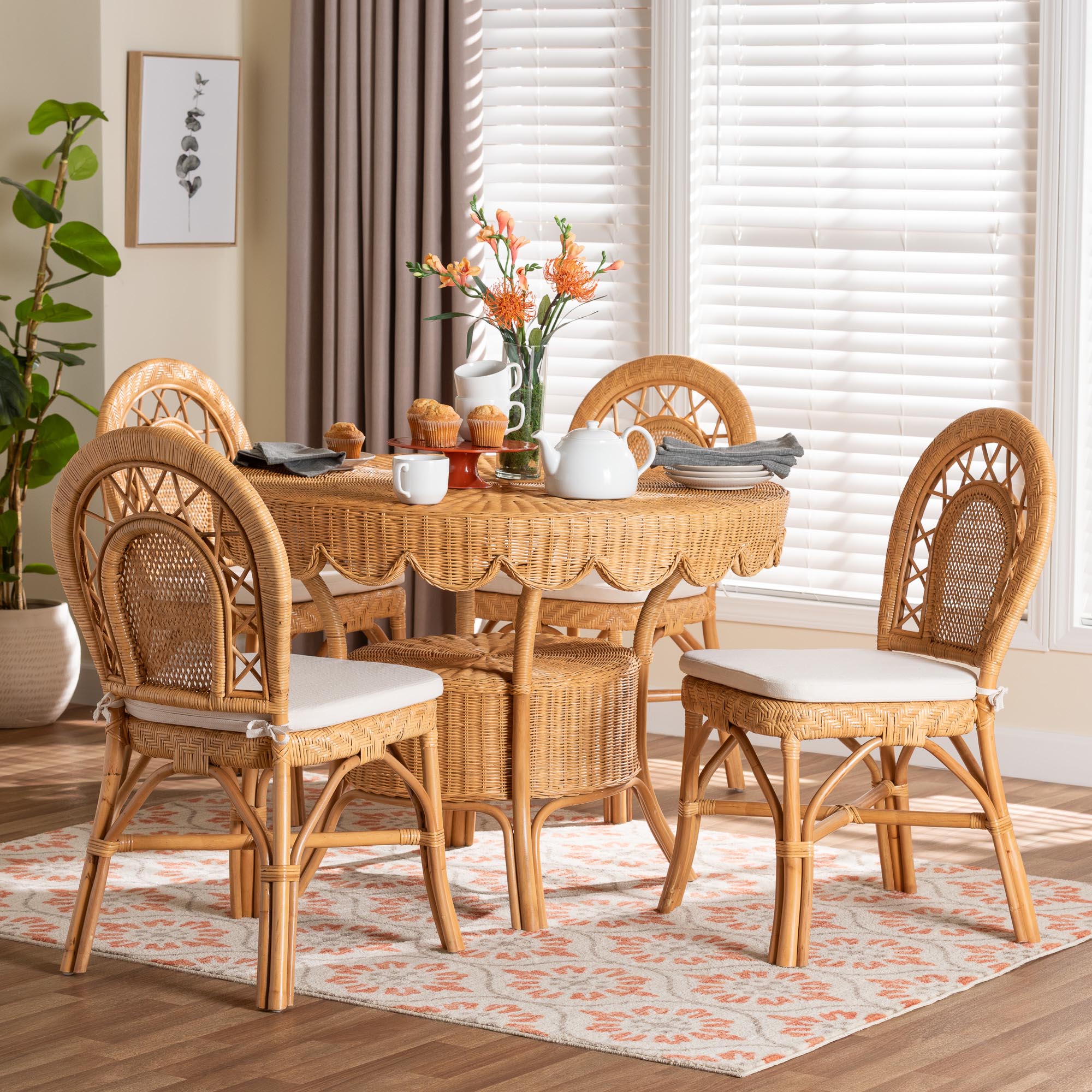 bali & pari Travis 5-Piece Natural Rattan Dining Set - Handwoven Wicker Set with Round Scalloped Edge Table and  4 Curved Back Chairs, Coastal Boho Dining Room Furniture with Cushioned Seating
