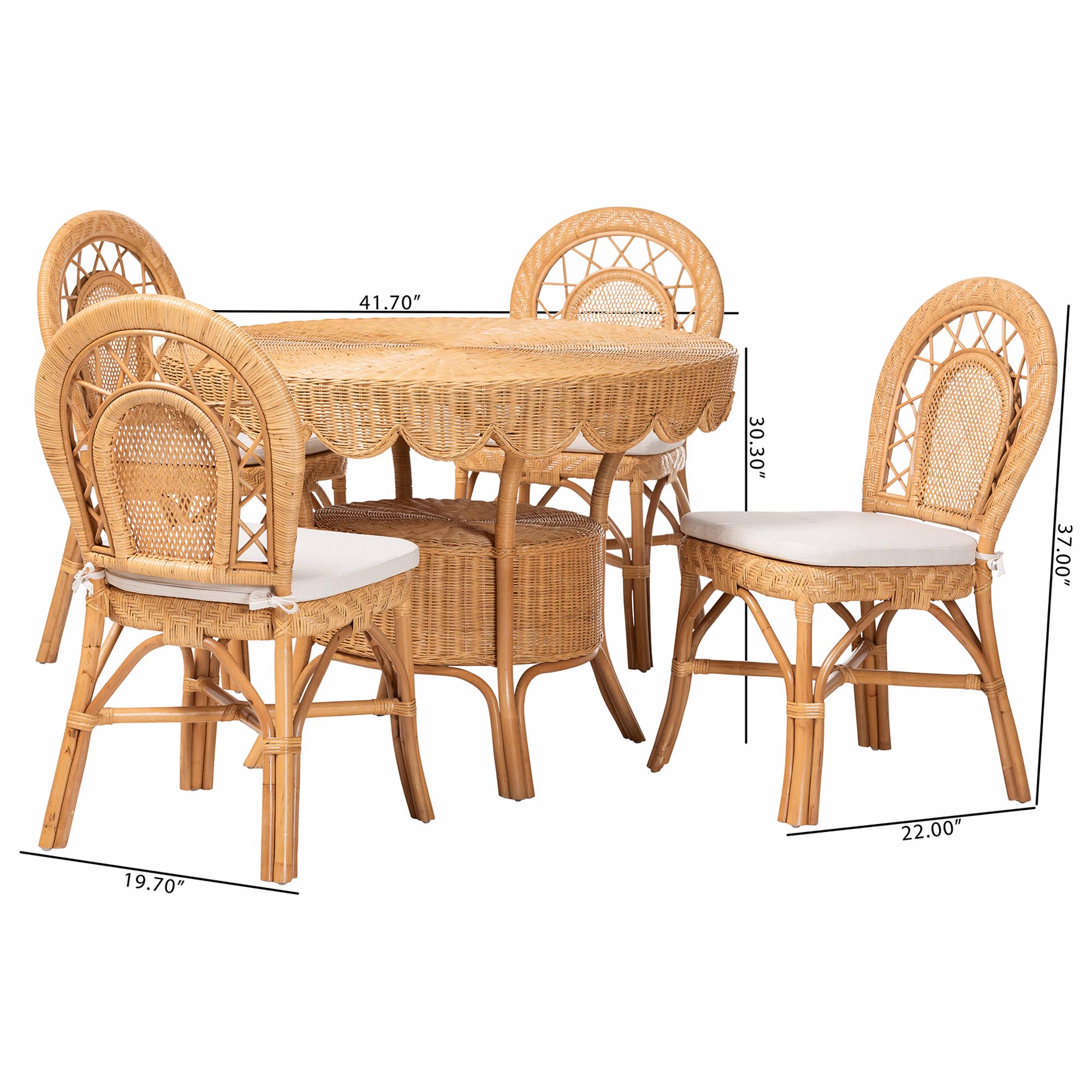 bali & pari Travis 5-Piece Natural Rattan Dining Set - Handwoven Wicker Set with Round Scalloped Edge Table and  4 Curved Back Chairs, Coastal Boho Dining Room Furniture with Cushioned Seating