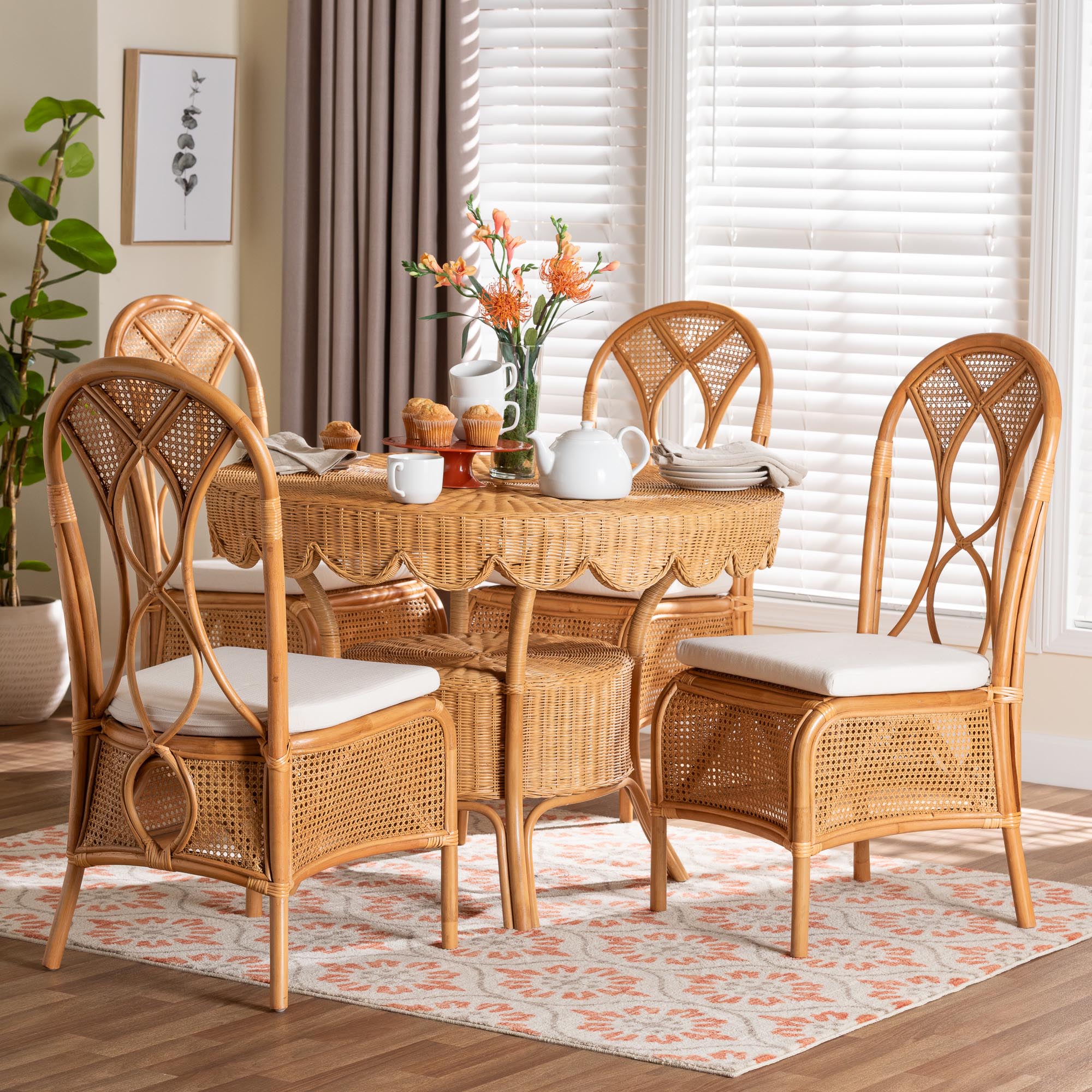 bali & pari Tony 5-Piece Natural Rattan Dining Set with Round Scalloped Edge Table and 4 Chairs, Handwoven Wicker Dining Furniture with Cushioned Seats, Boho Coastal Kitchen or Dining Room Set