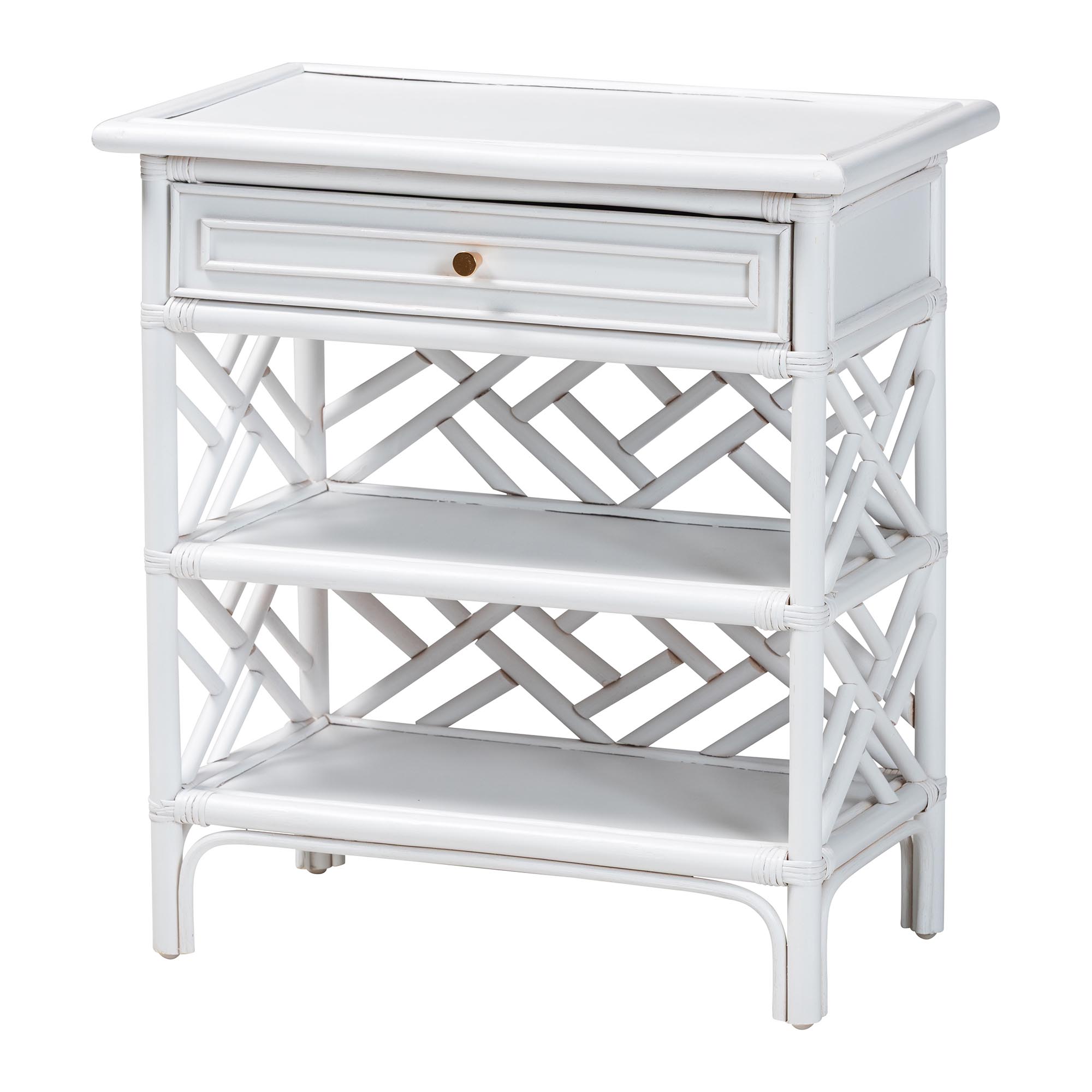 bali & pari Tiaret Natural Rattan Nightstand with Drawer and Shelves - Chippendale -Style Bedside Table for Bedroom or Coastal Living Spaces, White