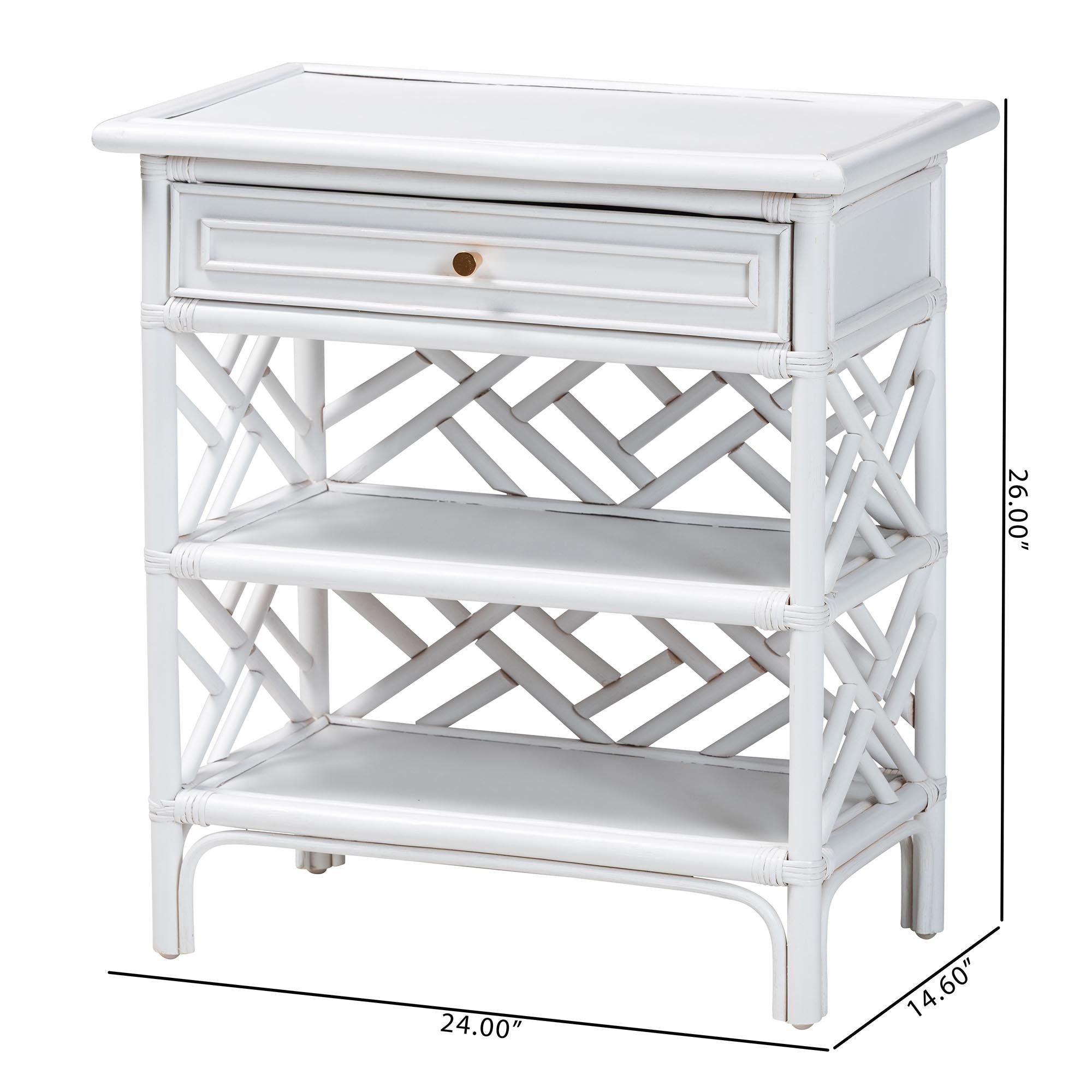 bali & pari Tiaret Natural Rattan Nightstand with Drawer and Shelves - Chippendale -Style Bedside Table for Bedroom or Coastal Living Spaces, White
