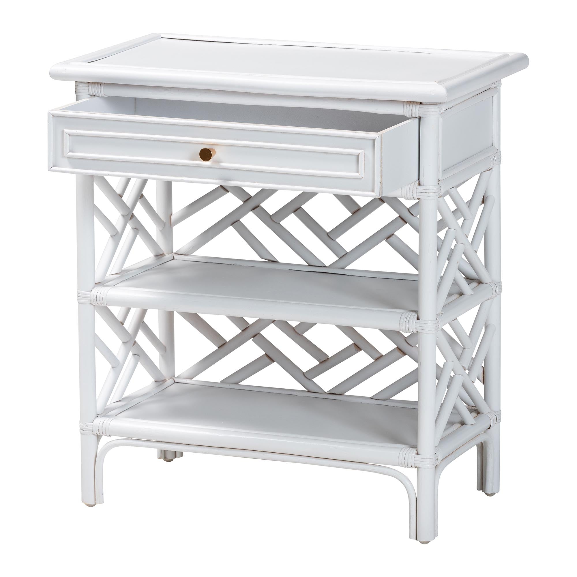 bali & pari Tiaret Natural Rattan Nightstand with Drawer and Shelves - Chippendale -Style Bedside Table for Bedroom or Coastal Living Spaces, White