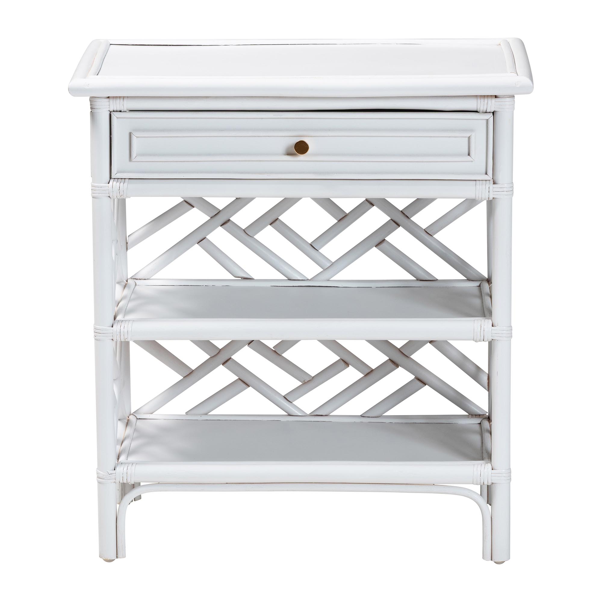bali & pari Tiaret Natural Rattan Nightstand with Drawer and Shelves - Chippendale -Style Bedside Table for Bedroom or Coastal Living Spaces, White