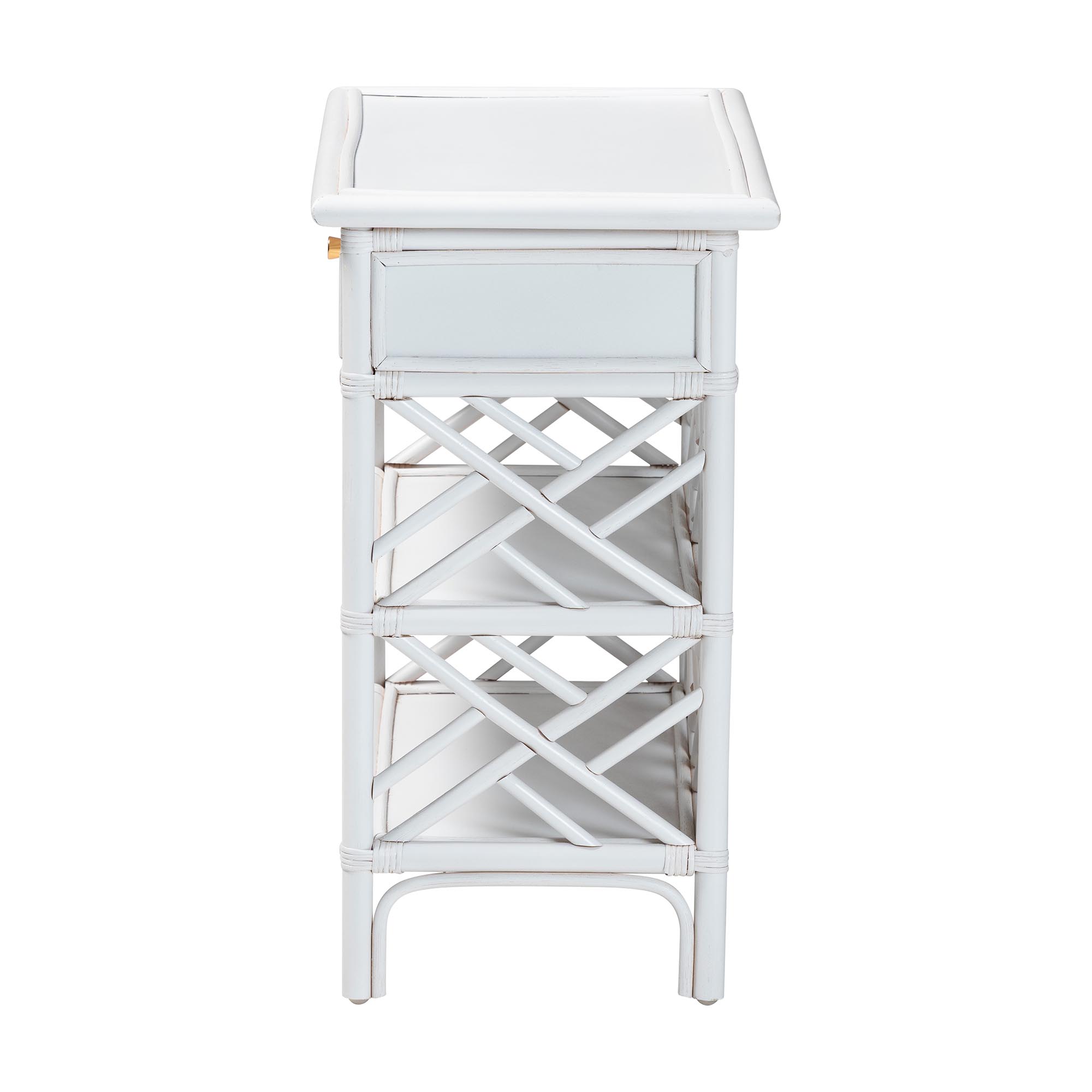 bali & pari Tiaret Natural Rattan Nightstand with Drawer and Shelves - Chippendale -Style Bedside Table for Bedroom or Coastal Living Spaces, White