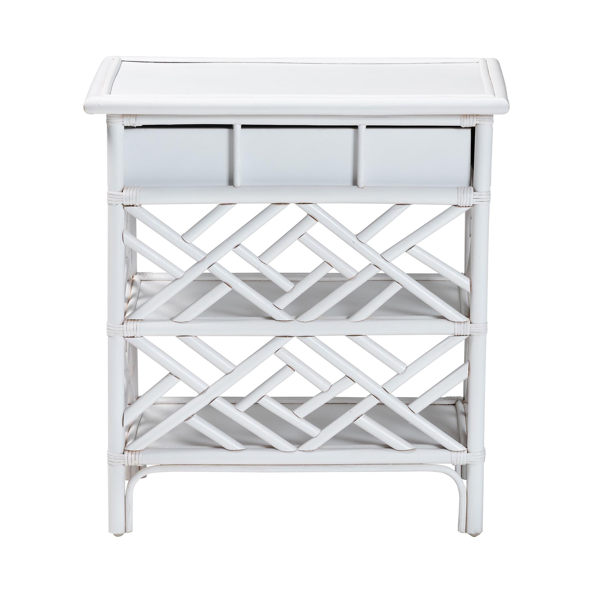 bali & pari Tiaret Natural Rattan Nightstand with Drawer and Shelves - Chippendale -Style Bedside Table for Bedroom or Coastal Living Spaces, White