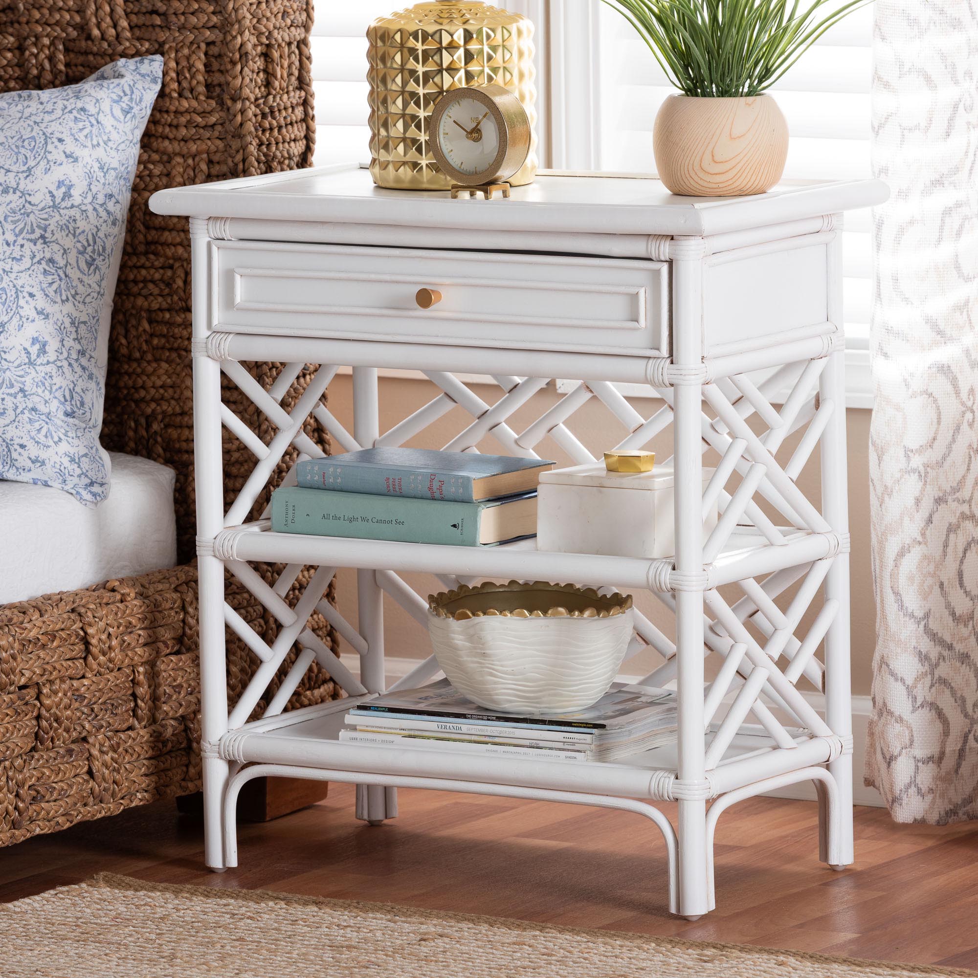 bali & pari Tiaret Natural Rattan Nightstand with Drawer and Shelves - Chippendale -Style Bedside Table for Bedroom or Coastal Living Spaces, White