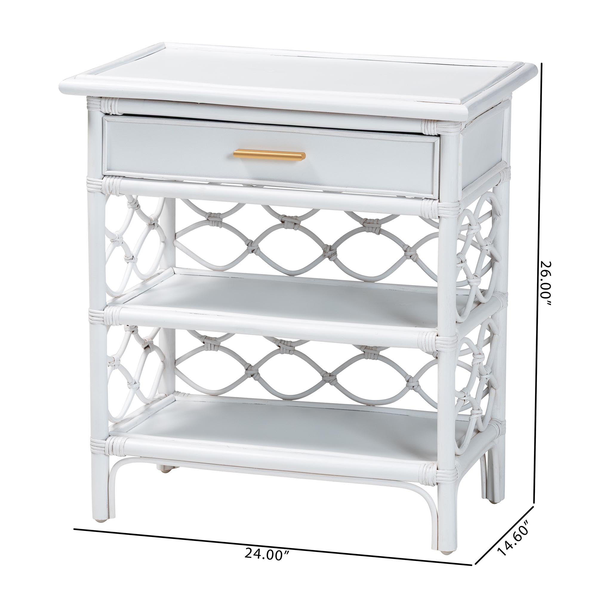 bali & pari Akane Natural Rattan Nightstand with Drawer and Open Shelves - Coastal Bedside Table with Lattice Design, White