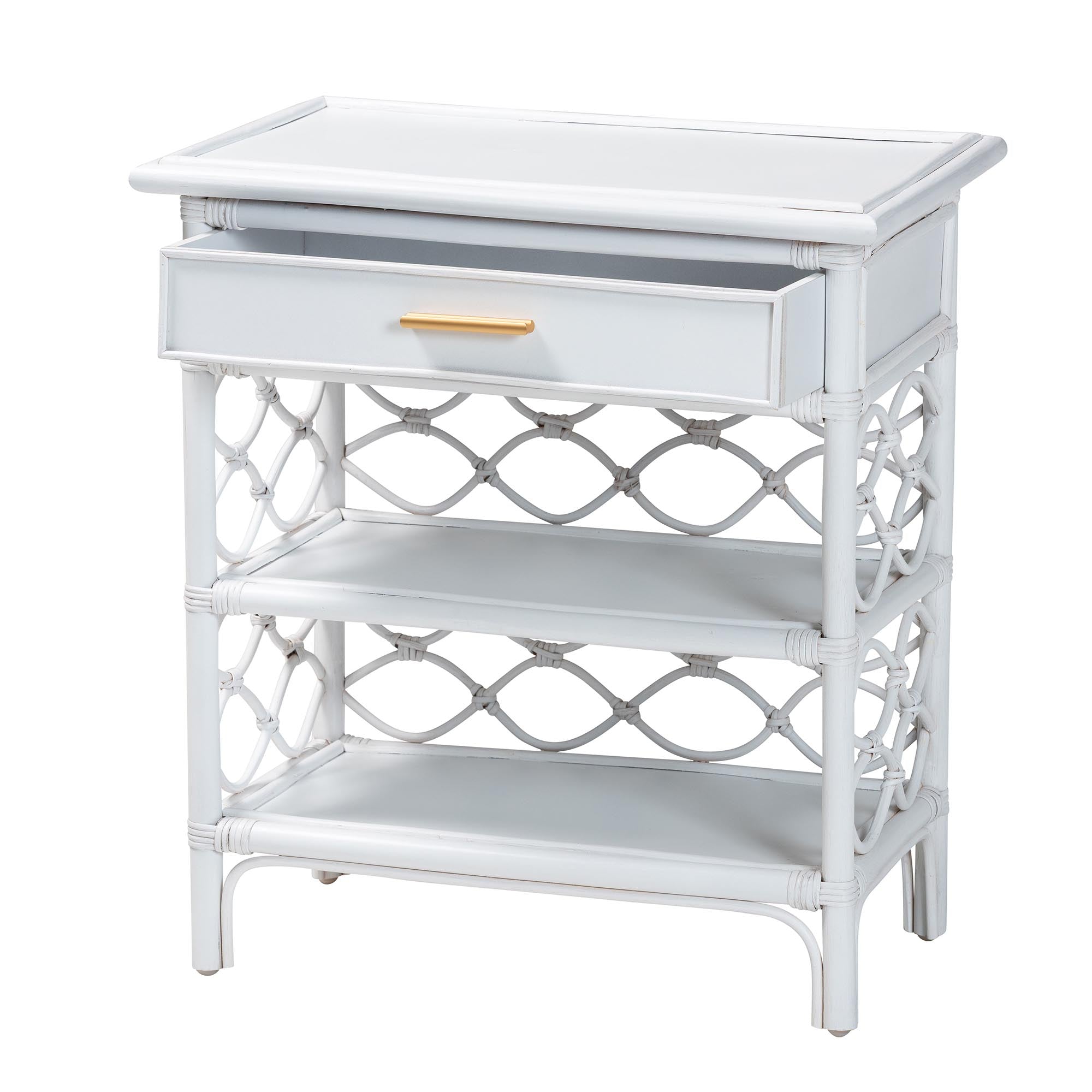 bali & pari Akane Natural Rattan Nightstand with Drawer and Open Shelves - Coastal Bedside Table with Lattice Design, White