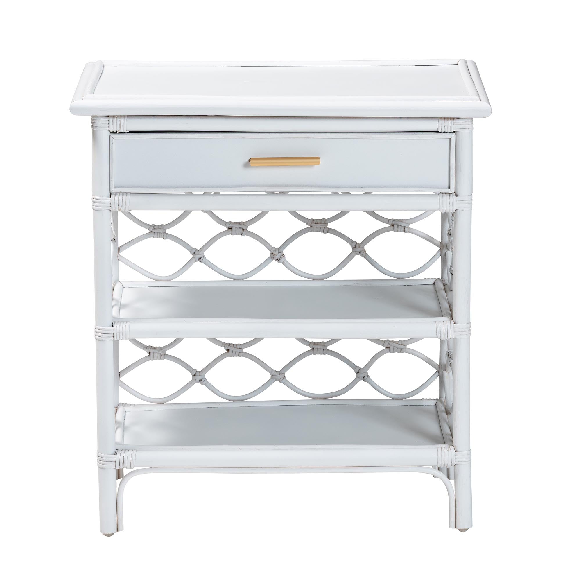bali & pari Akane Natural Rattan Nightstand with Drawer and Open Shelves - Coastal Bedside Table with Lattice Design, White