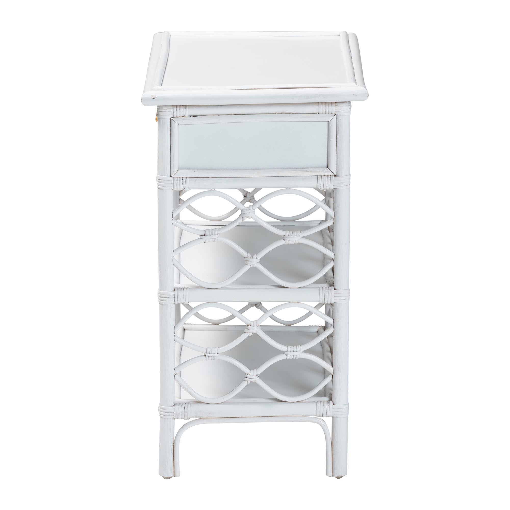 bali & pari Akane Natural Rattan Nightstand with Drawer and Open Shelves - Coastal Bedside Table with Lattice Design, White