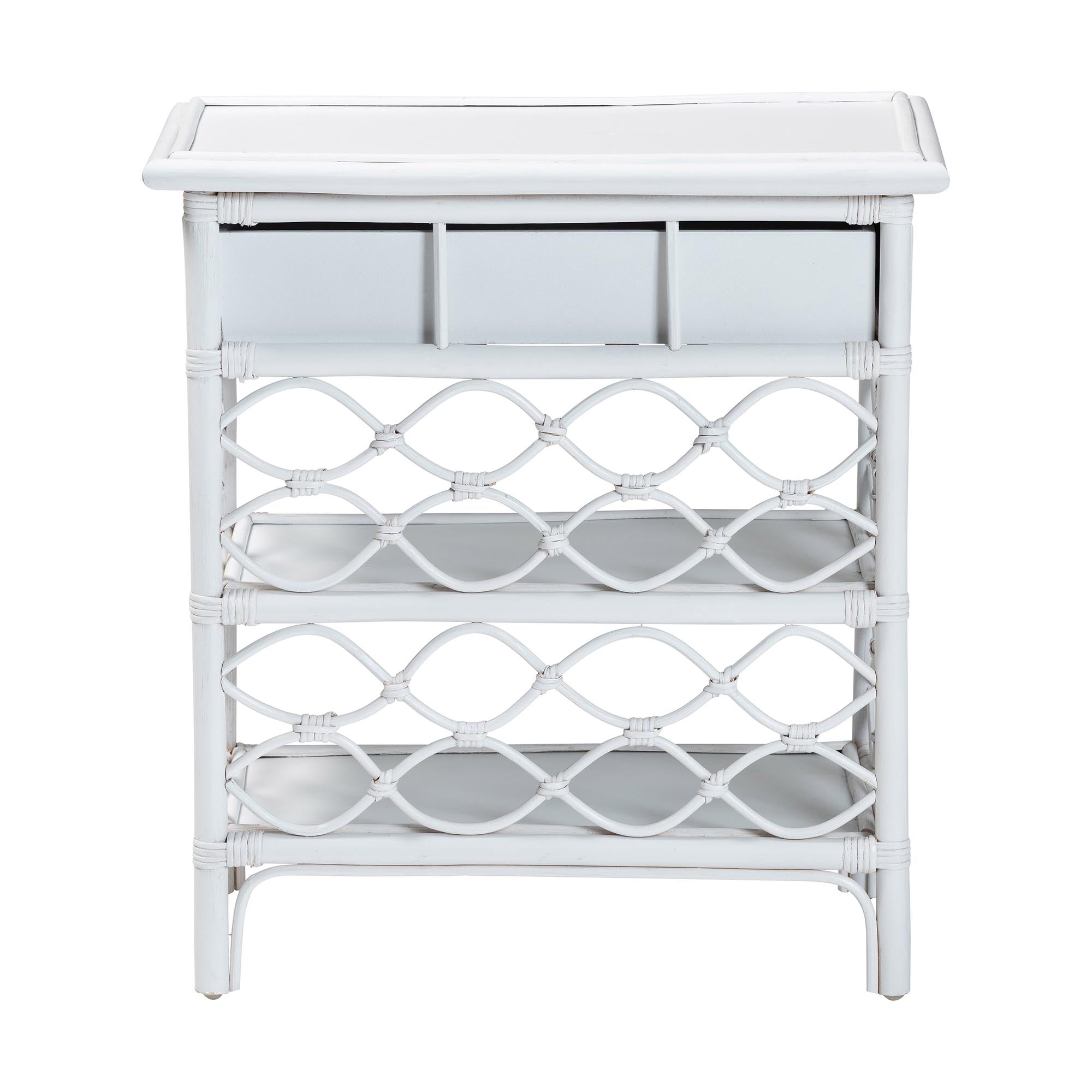 bali & pari Akane Natural Rattan Nightstand with Drawer and Open Shelves - Coastal Bedside Table with Lattice Design, White