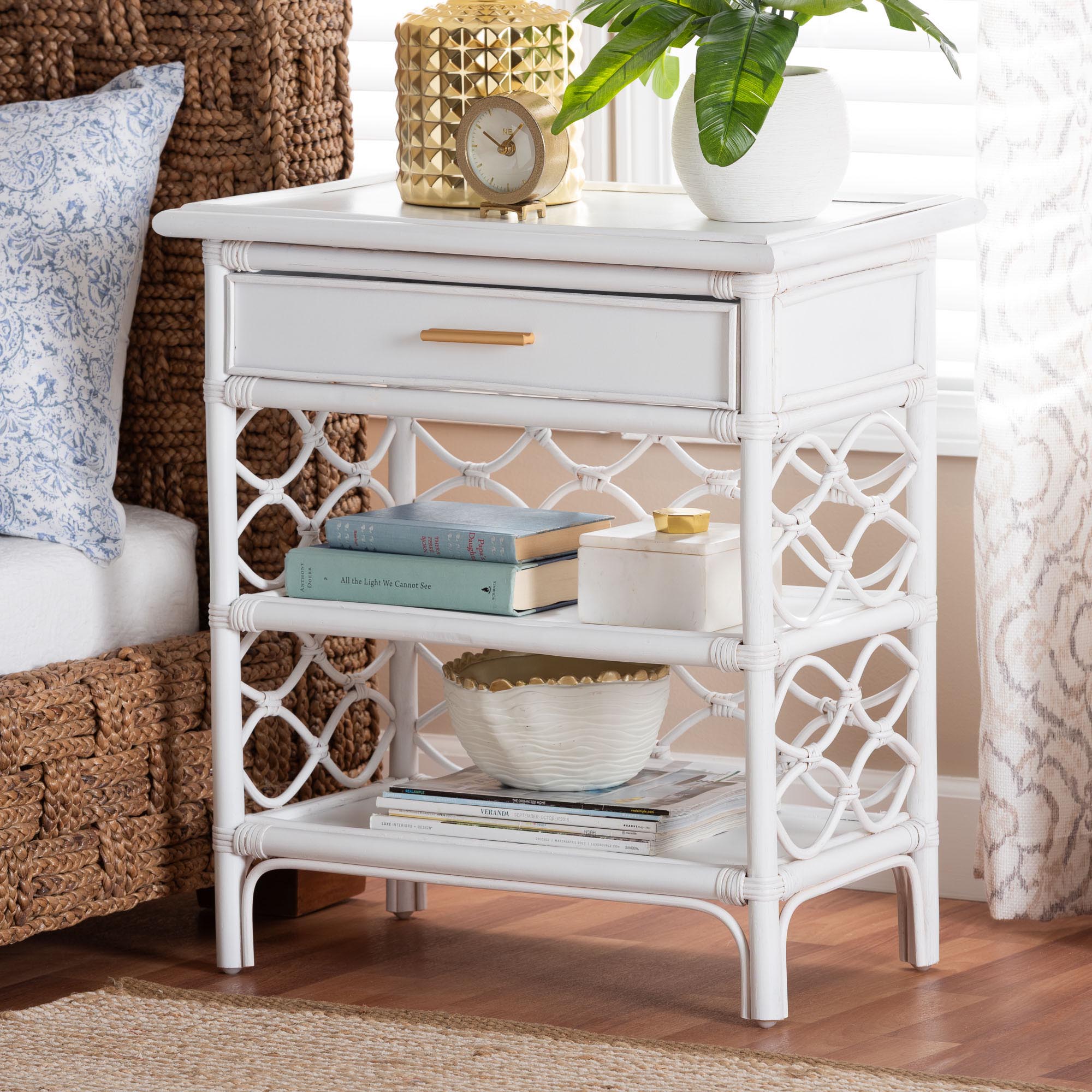 bali & pari Akane Natural Rattan Nightstand with Drawer and Open Shelves - Coastal Bedside Table with Lattice Design, White