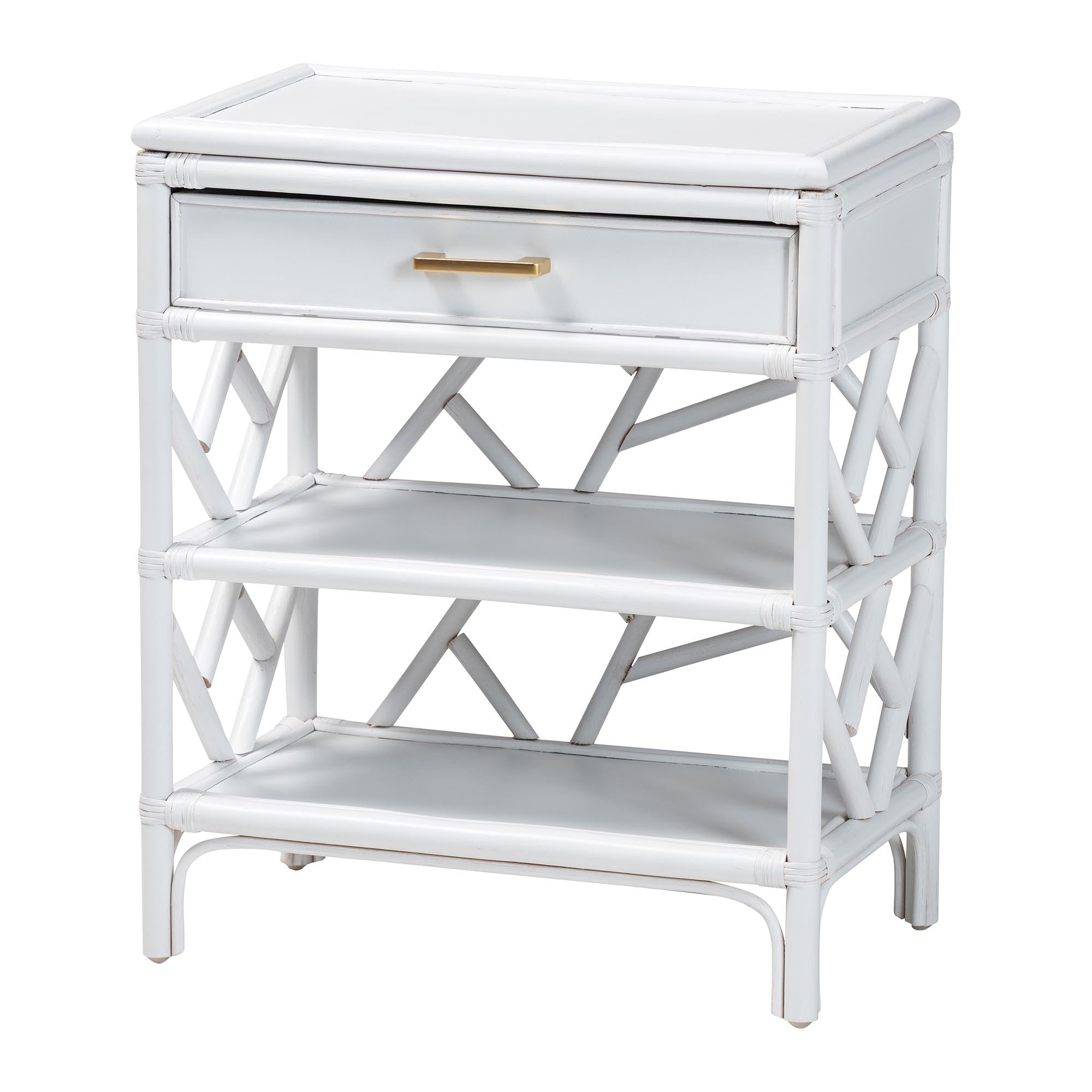 bali & pari Daina Natural Rattan Nightstand with Drawer and Open Shelves - Coastal Bedside Table with Geometric Design, White