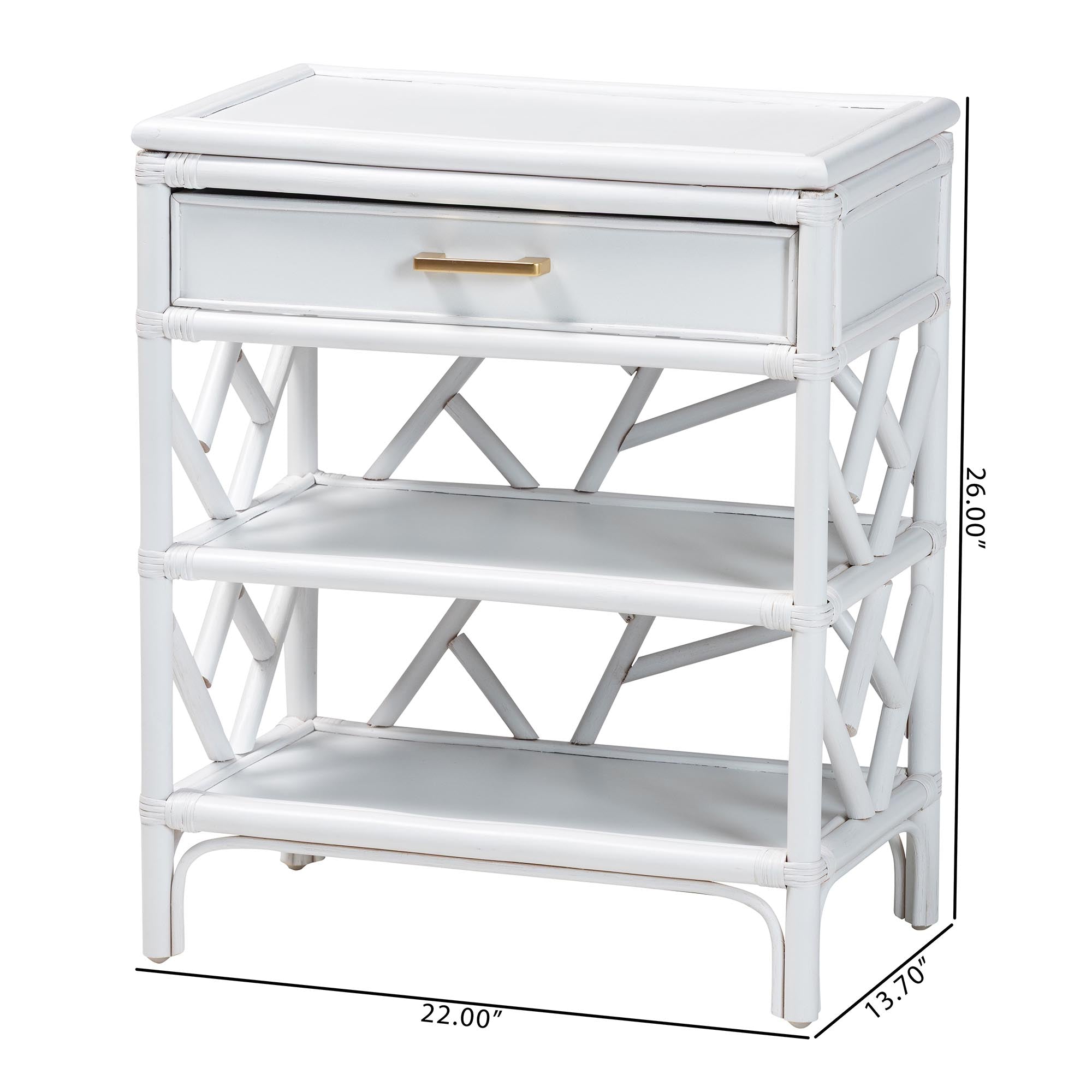 bali & pari Daina Natural Rattan Nightstand with Drawer and Open Shelves - Coastal Bedside Table with Geometric Design, White