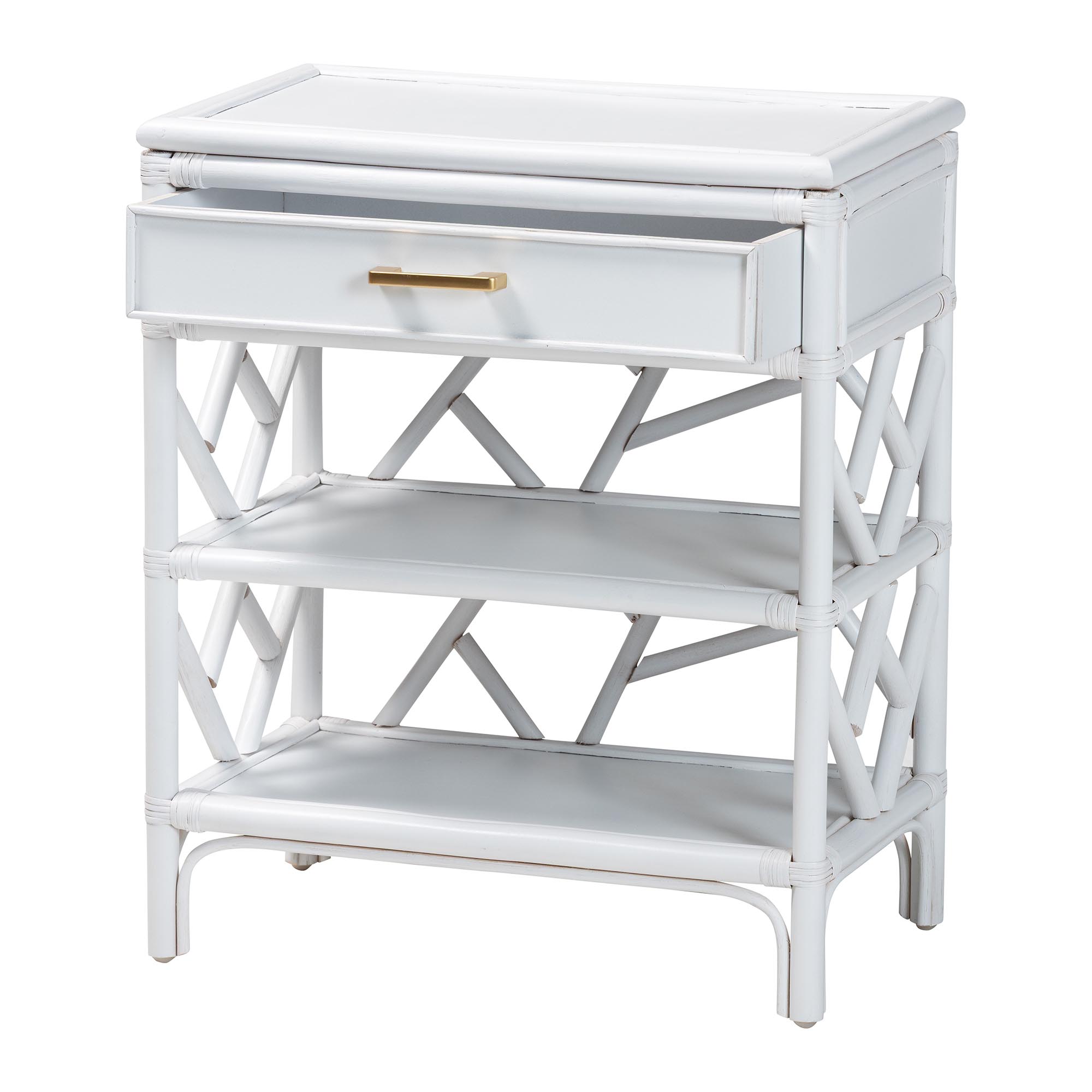 bali & pari Daina Natural Rattan Nightstand with Drawer and Open Shelves - Coastal Bedside Table with Geometric Design, White