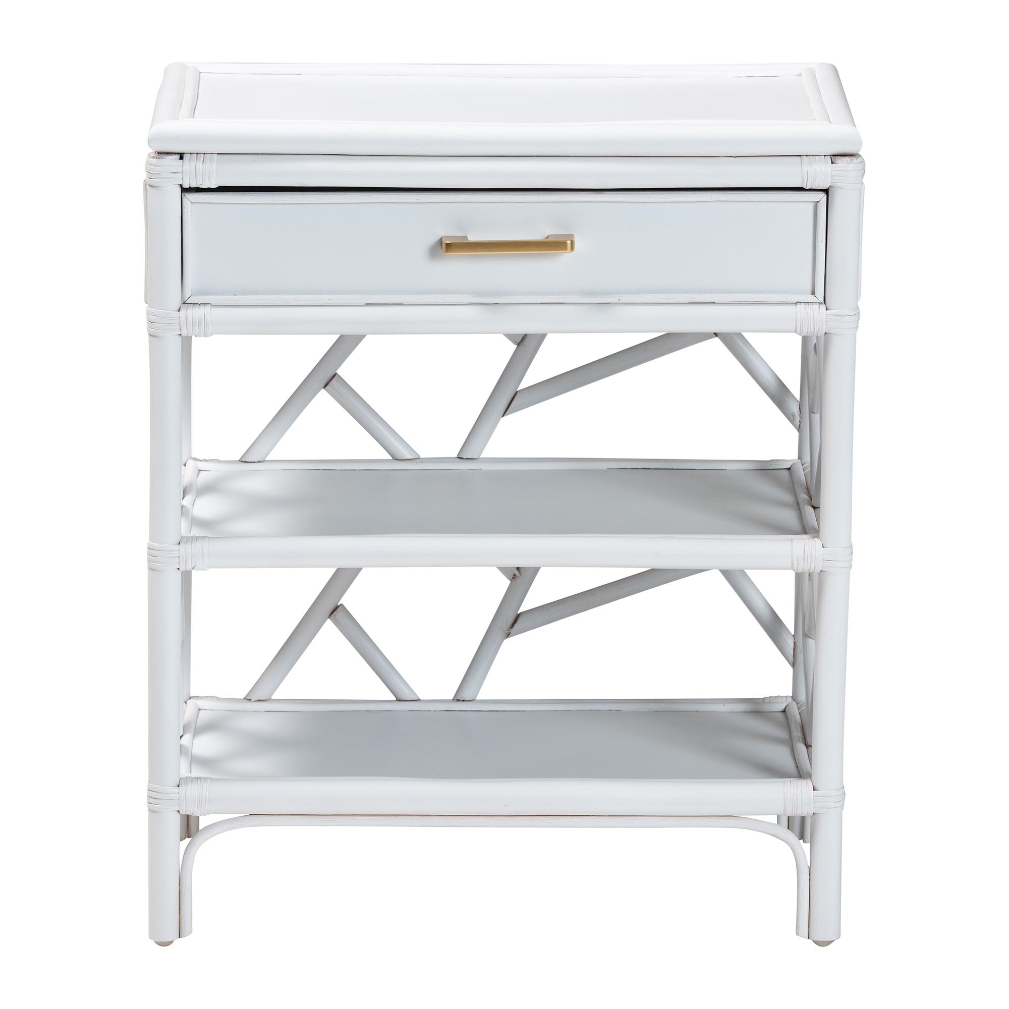 bali & pari Daina Natural Rattan Nightstand with Drawer and Open Shelves - Coastal Bedside Table with Geometric Design, White