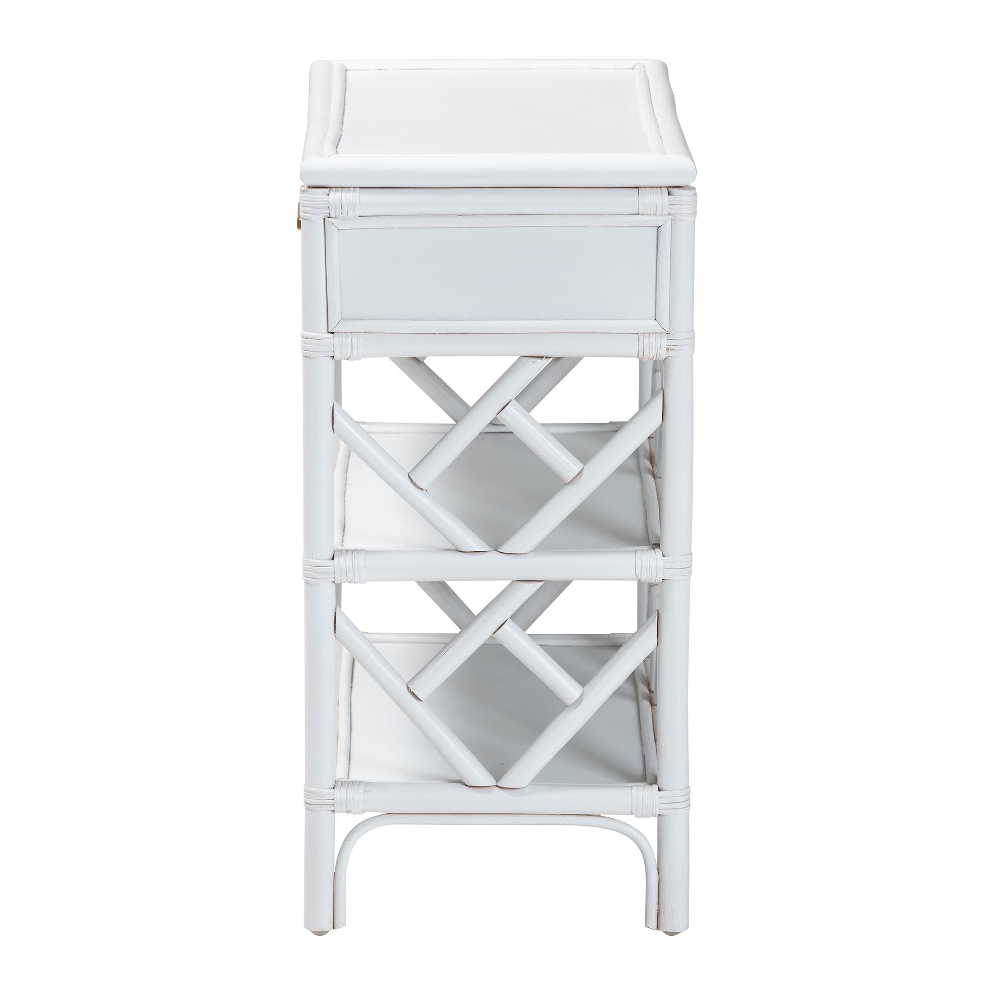 bali & pari Daina Natural Rattan Nightstand with Drawer and Open Shelves - Coastal Bedside Table with Geometric Design, White