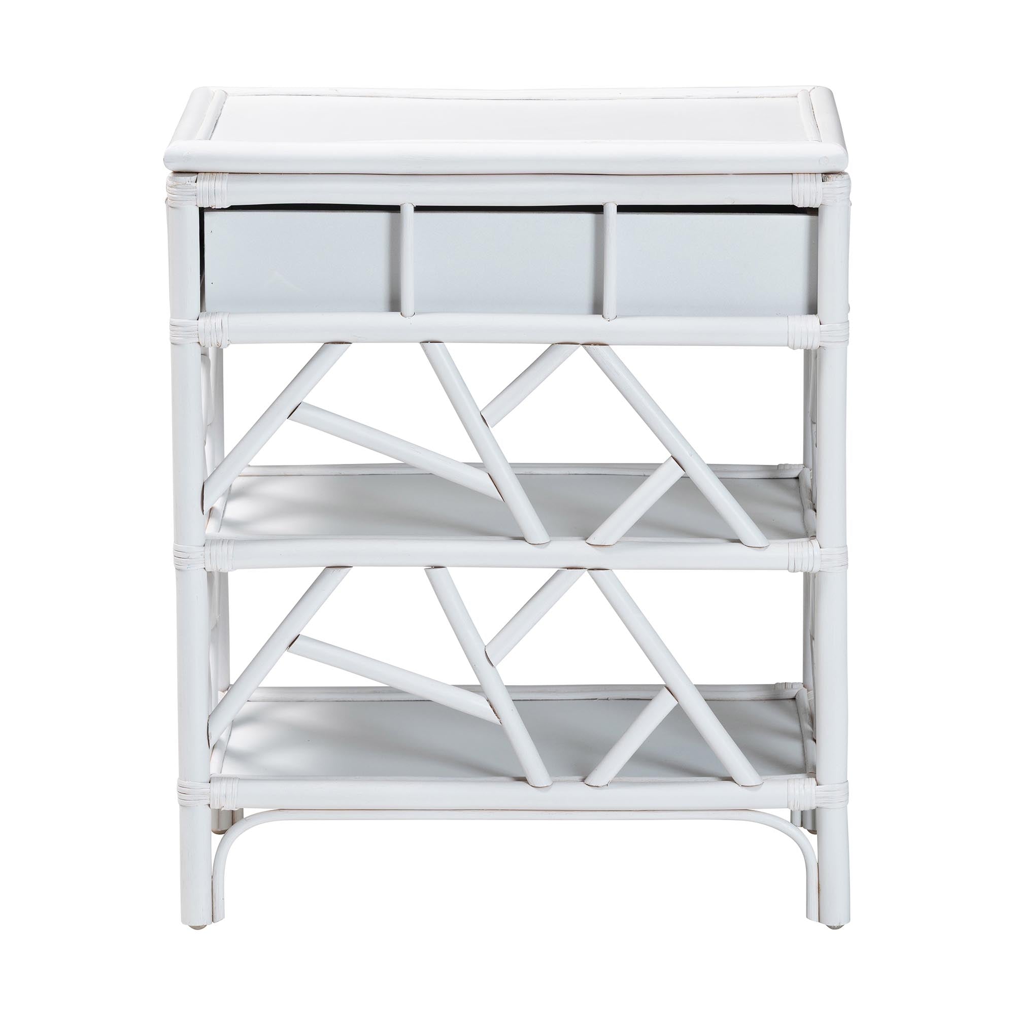 bali & pari Daina Natural Rattan Nightstand with Drawer and Open Shelves - Coastal Bedside Table with Geometric Design, White