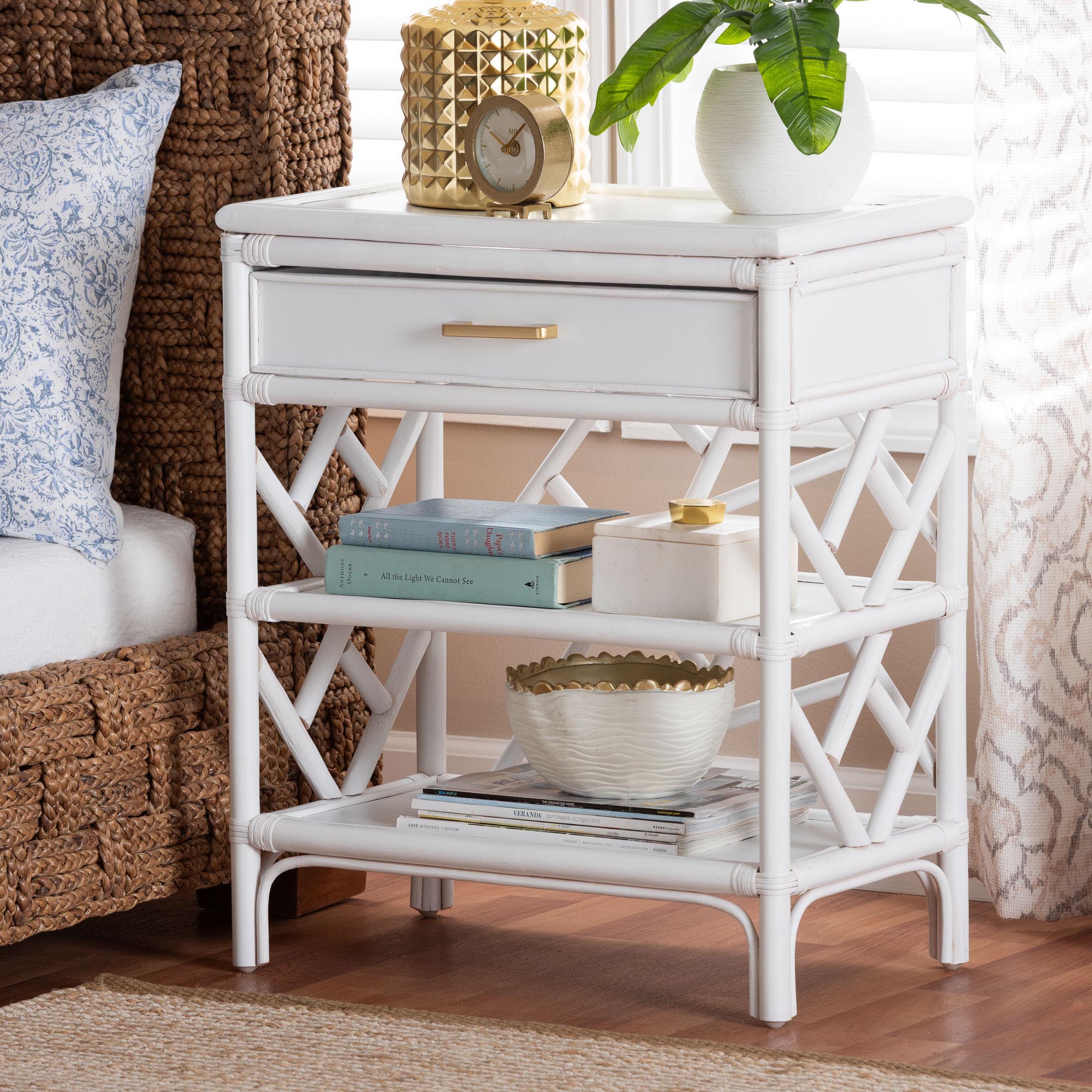 bali & pari Daina Natural Rattan Nightstand with Drawer and Open Shelves - Coastal Bedside Table with Geometric Design, White