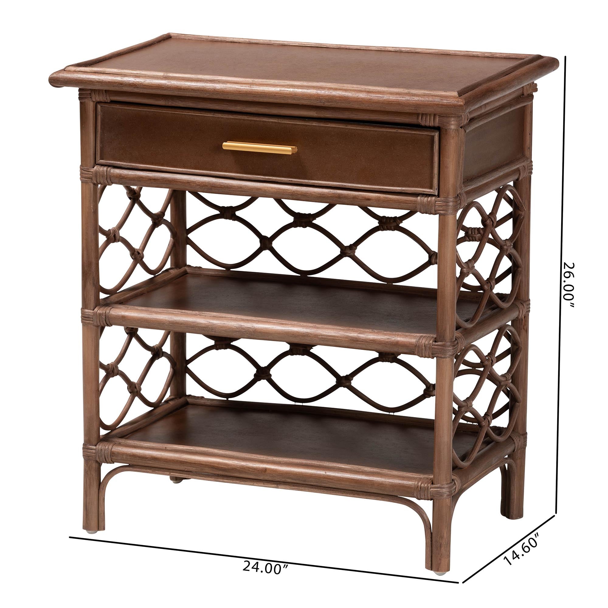 bali & pari Akane Natural Rattan Nightstand with Drawer and Open Shelves - Coastal Bedside Table with Lattice Design, Brown
