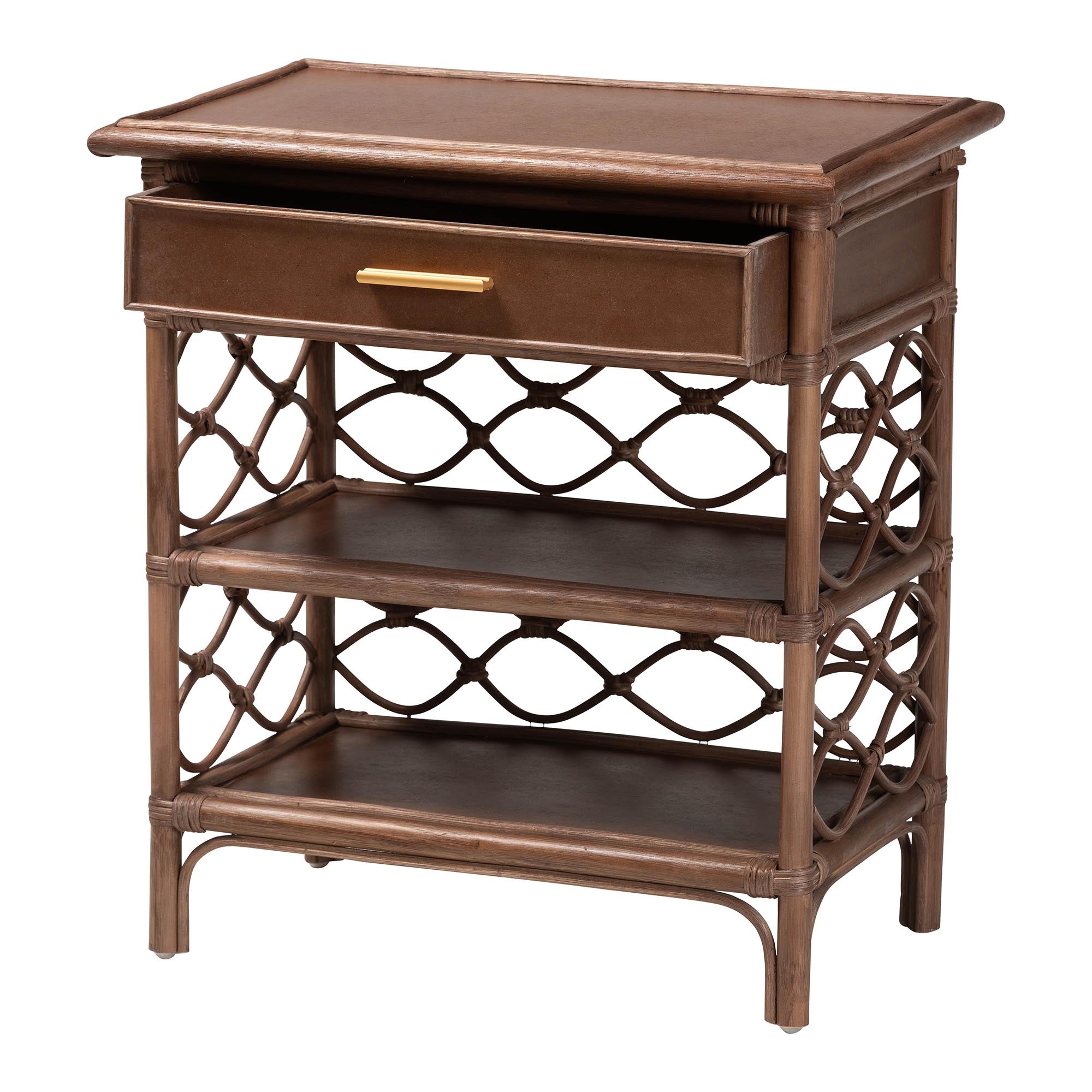 bali & pari Akane Natural Rattan Nightstand with Drawer and Open Shelves - Coastal Bedside Table with Lattice Design, Brown