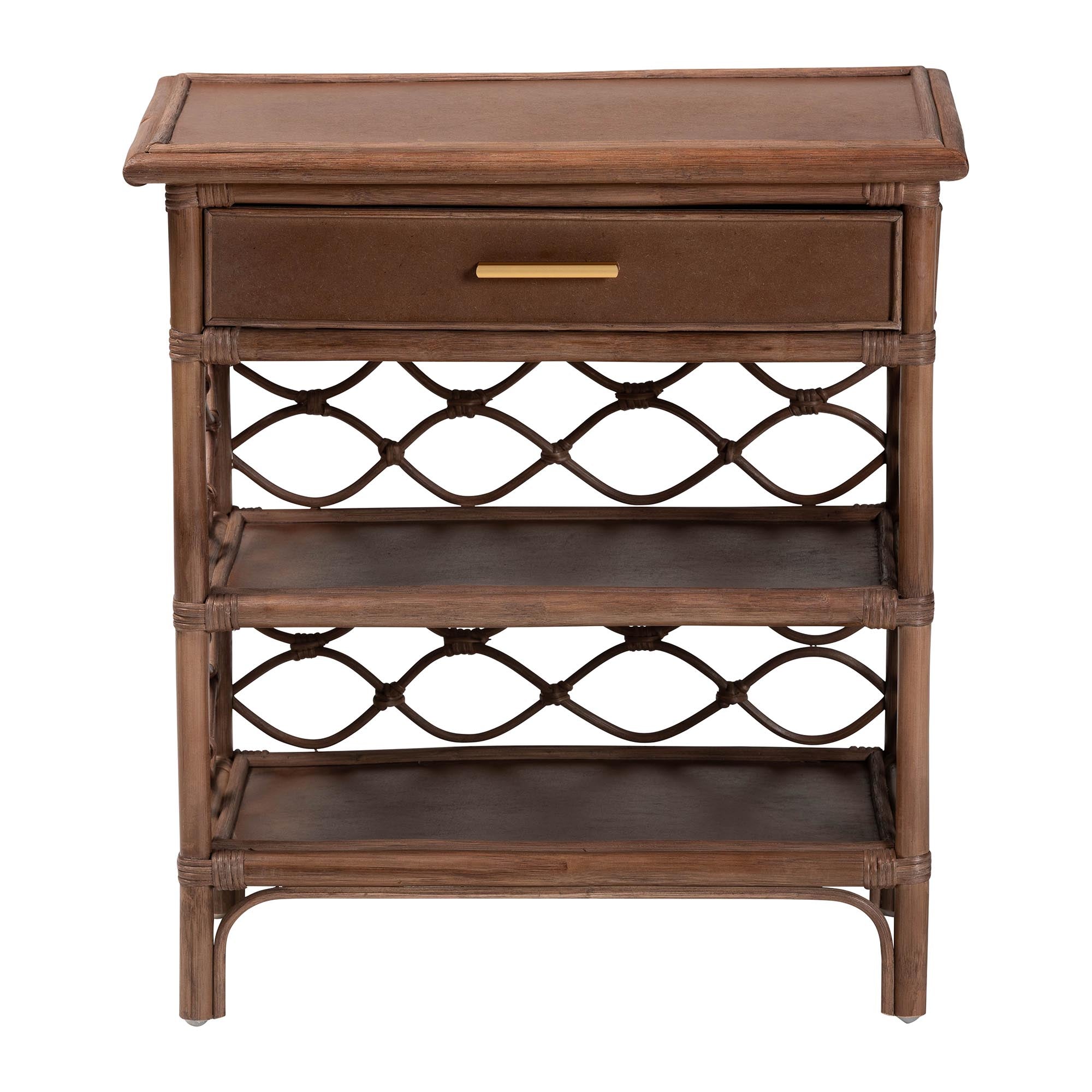 bali & pari Akane Natural Rattan Nightstand with Drawer and Open Shelves - Coastal Bedside Table with Lattice Design, Brown