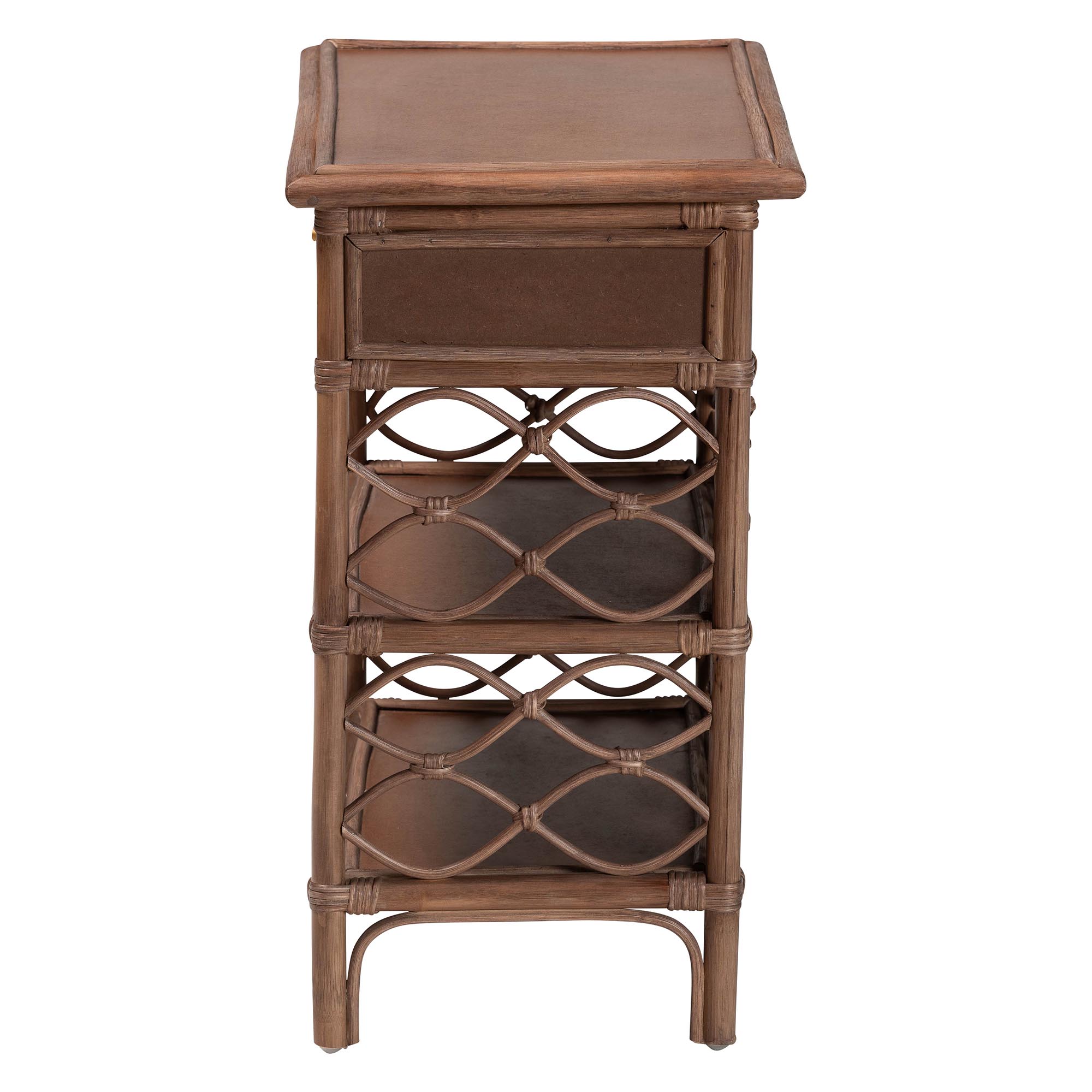 bali & pari Akane Natural Rattan Nightstand with Drawer and Open Shelves - Coastal Bedside Table with Lattice Design, Brown