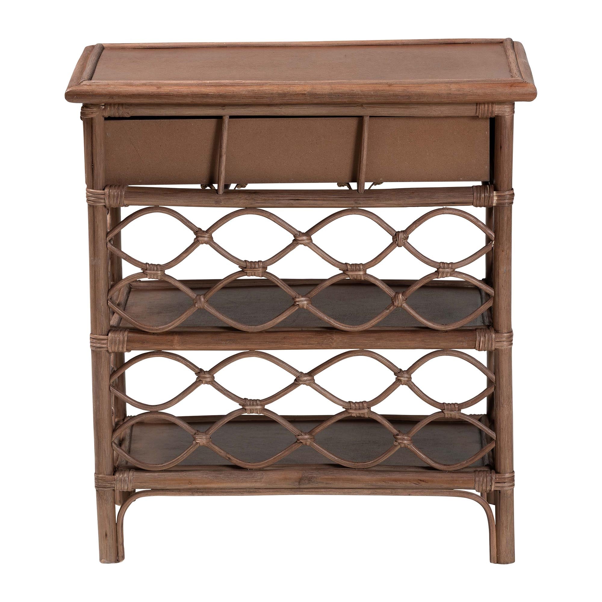 bali & pari Akane Natural Rattan Nightstand with Drawer and Open Shelves - Coastal Bedside Table with Lattice Design, Brown