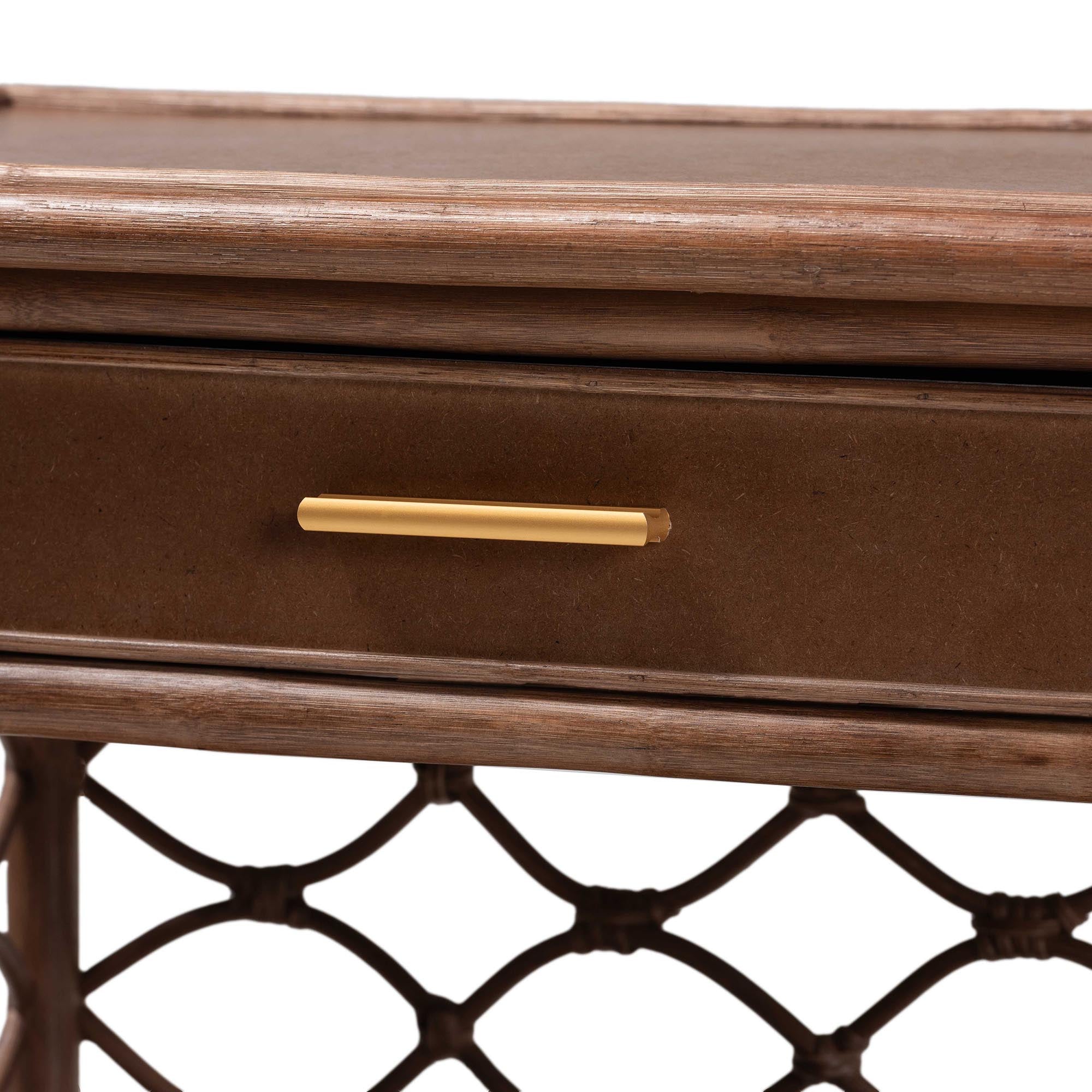 bali & pari Akane Natural Rattan Nightstand with Drawer and Open Shelves - Coastal Bedside Table with Lattice Design, Brown