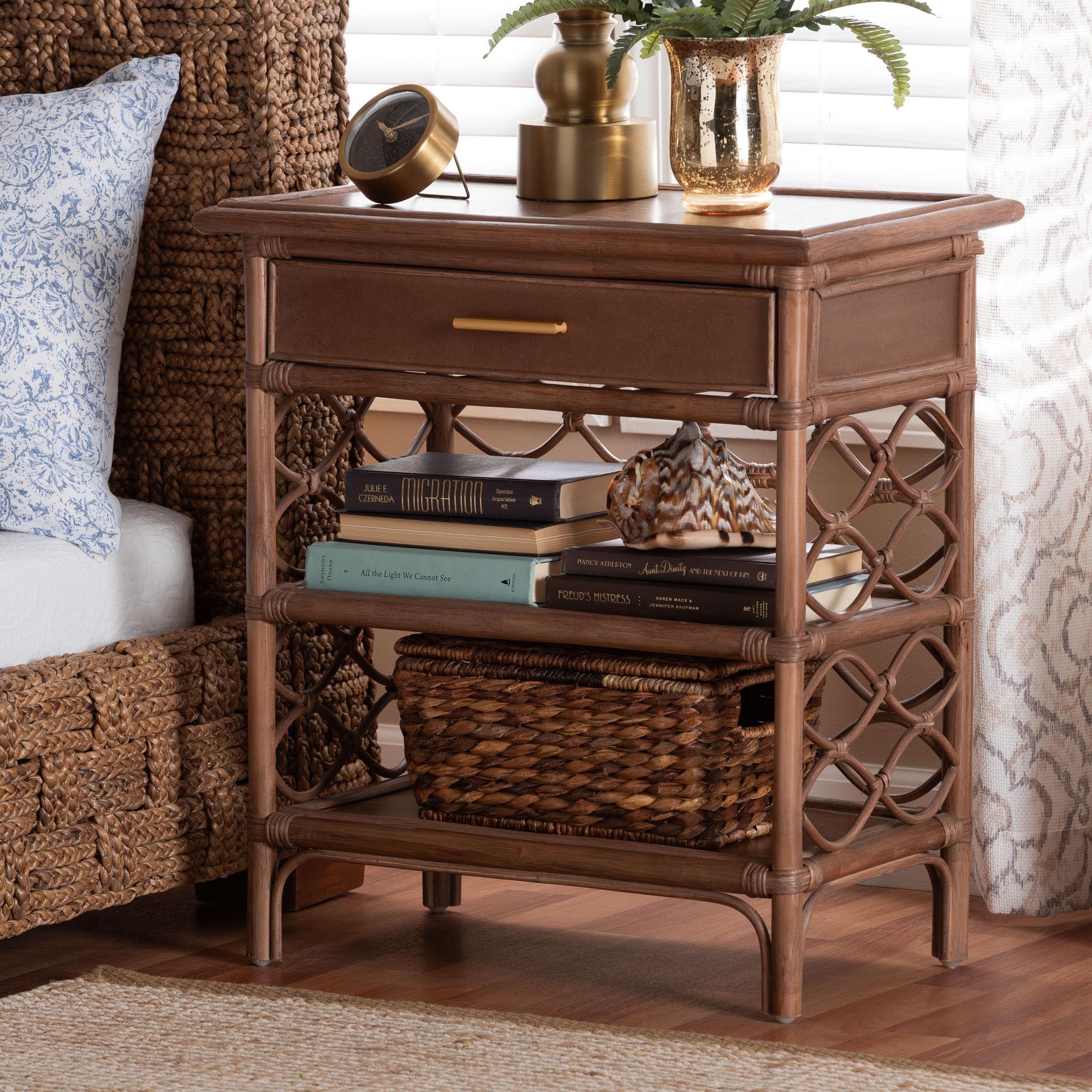 bali & pari Akane Natural Rattan Nightstand with Drawer and Open Shelves - Coastal Bedside Table with Lattice Design, Brown