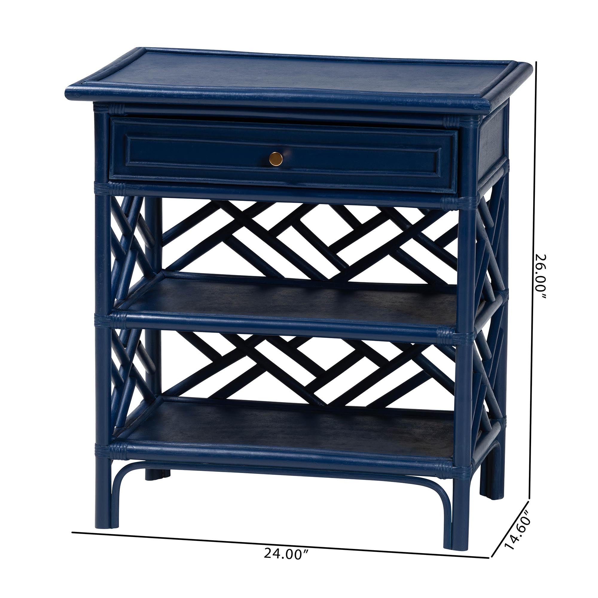 bali & pari Tiaret Natural Rattan Nightstand with Drawer and Shelves - Chippendale -Style Bedside Table for Bedroom or Coastal Living Spaces, Blue