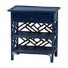 bali & pari Tiaret Natural Rattan Nightstand with Drawer and Shelves - Chippendale -Style Bedside Table for Bedroom or Coastal Living Spaces, Blue