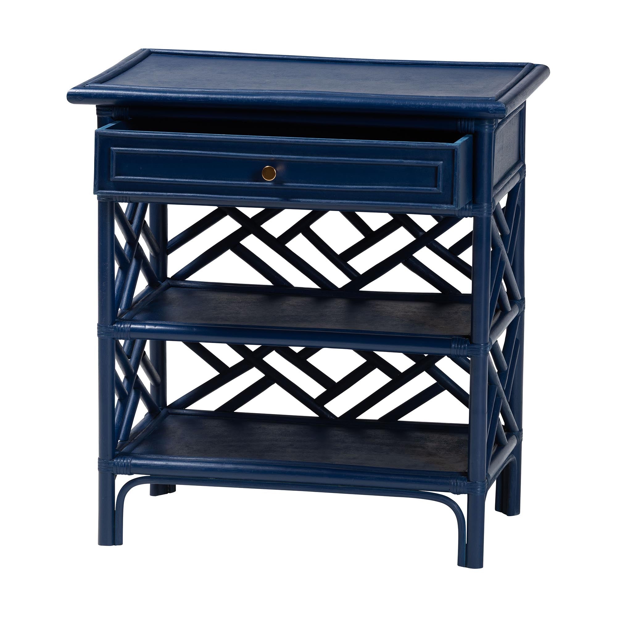 bali & pari Tiaret Natural Rattan Nightstand with Drawer and Shelves - Chippendale -Style Bedside Table for Bedroom or Coastal Living Spaces, Blue