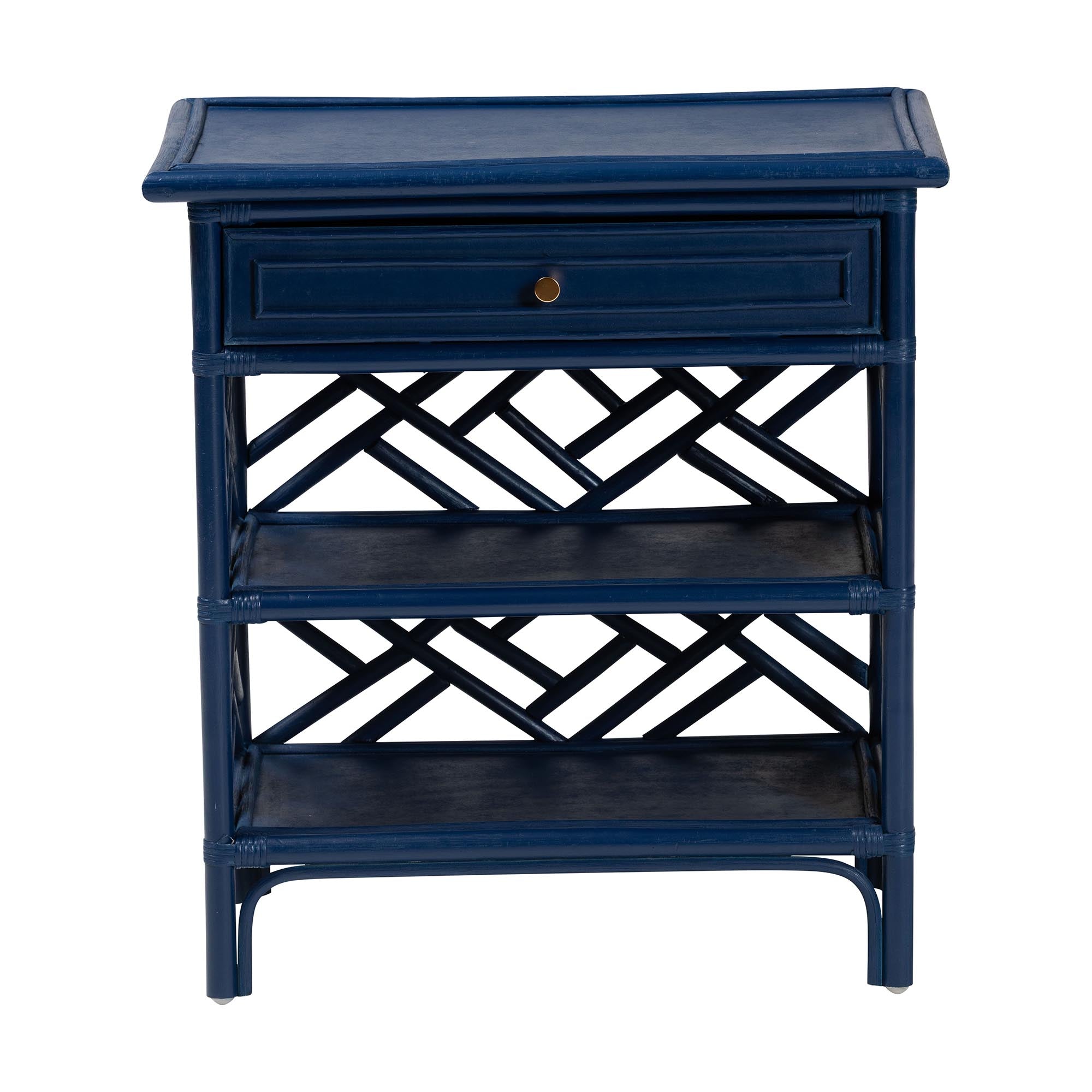 bali & pari Tiaret Natural Rattan Nightstand with Drawer and Shelves - Chippendale -Style Bedside Table for Bedroom or Coastal Living Spaces, Blue