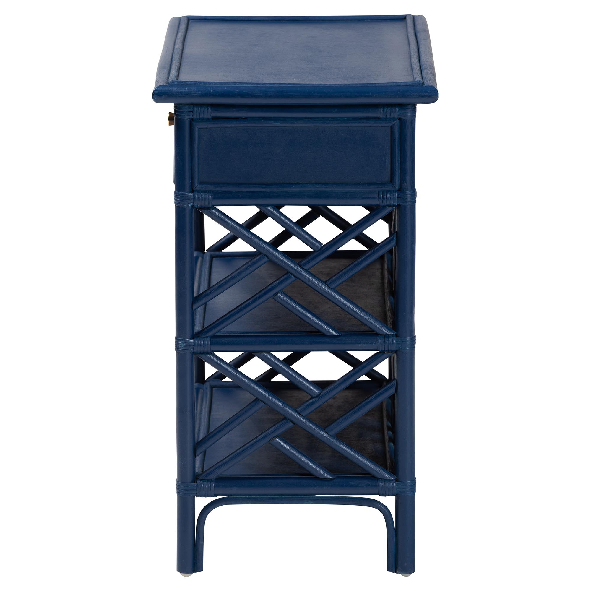 bali & pari Tiaret Natural Rattan Nightstand with Drawer and Shelves - Chippendale -Style Bedside Table for Bedroom or Coastal Living Spaces, Blue
