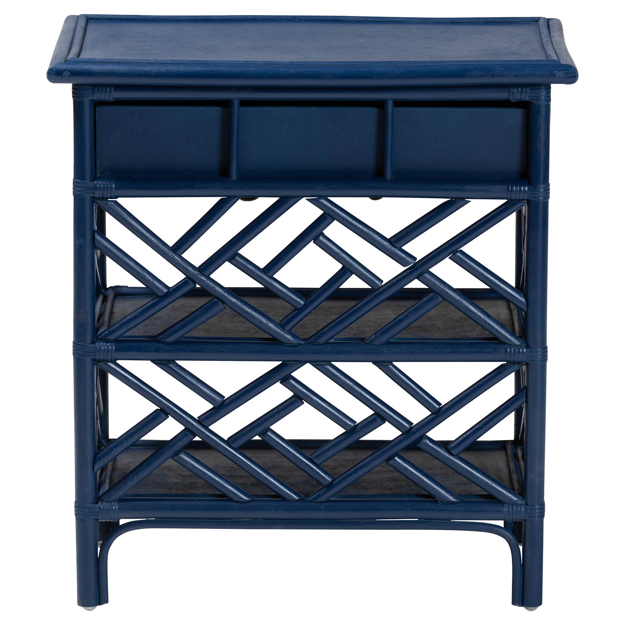 bali & pari Tiaret Natural Rattan Nightstand with Drawer and Shelves - Chippendale -Style Bedside Table for Bedroom or Coastal Living Spaces, Blue