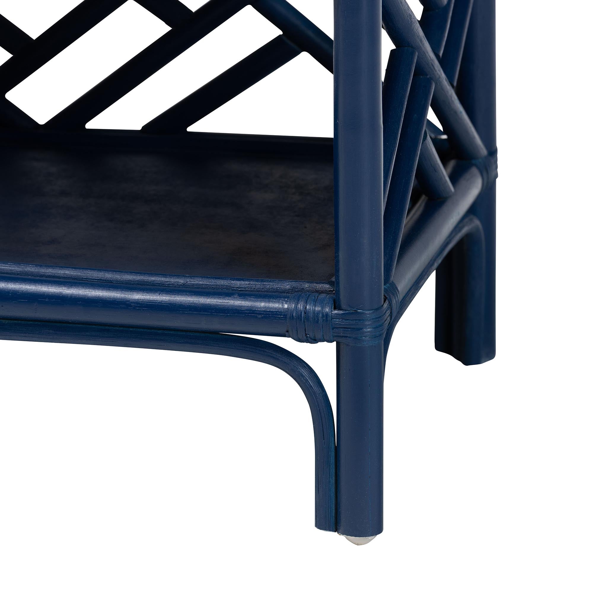 bali & pari Tiaret Natural Rattan Nightstand with Drawer and Shelves - Chippendale -Style Bedside Table for Bedroom or Coastal Living Spaces, Blue