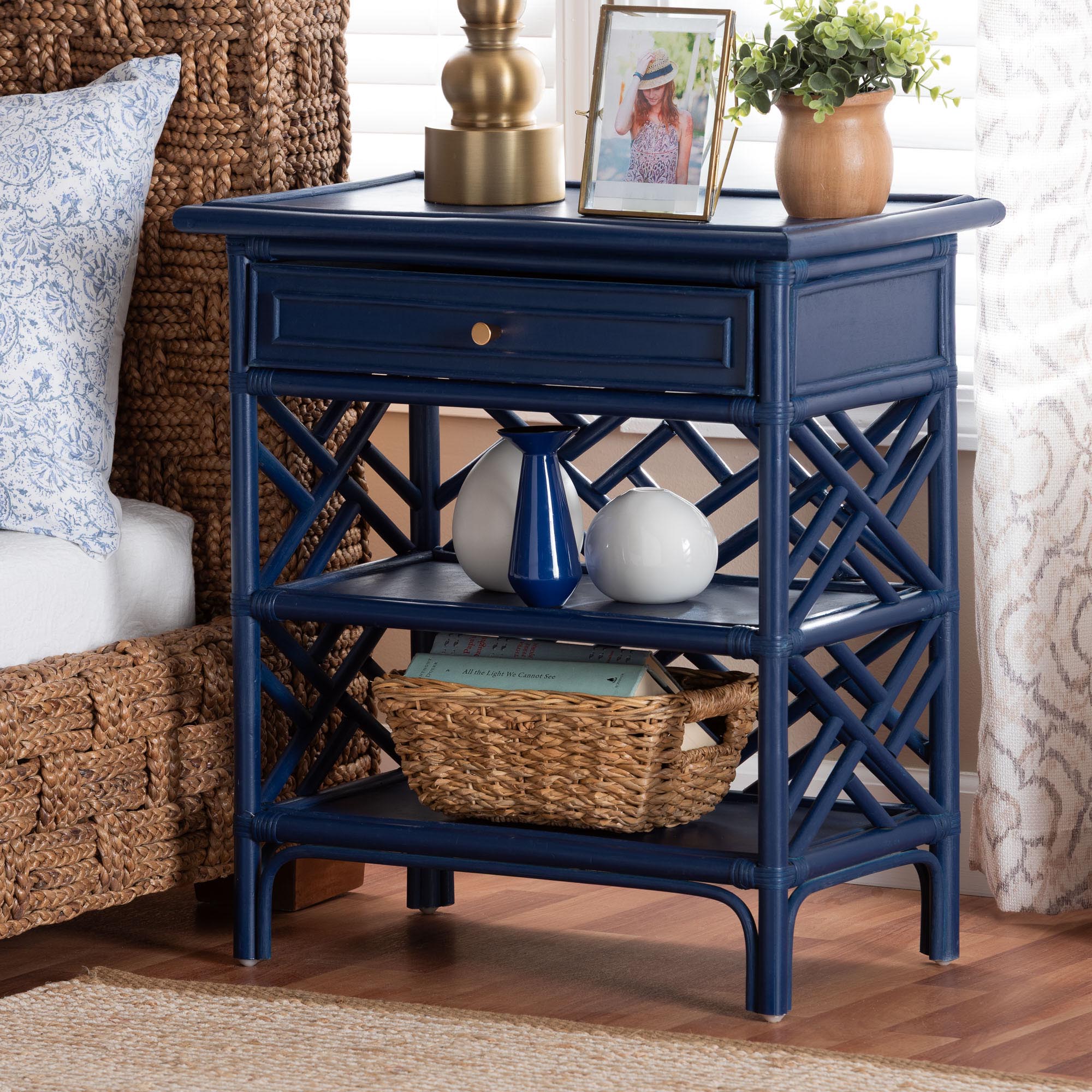 bali & pari Tiaret Natural Rattan Nightstand with Drawer and Shelves - Chippendale -Style Bedside Table for Bedroom or Coastal Living Spaces, Blue