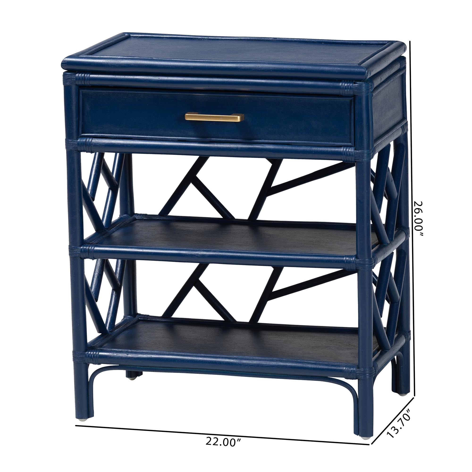 bali & pari Daina Natural Rattan Nightstand with Drawer and Open Shelves - Coastal Bedside Table with Geometric Design, Blue