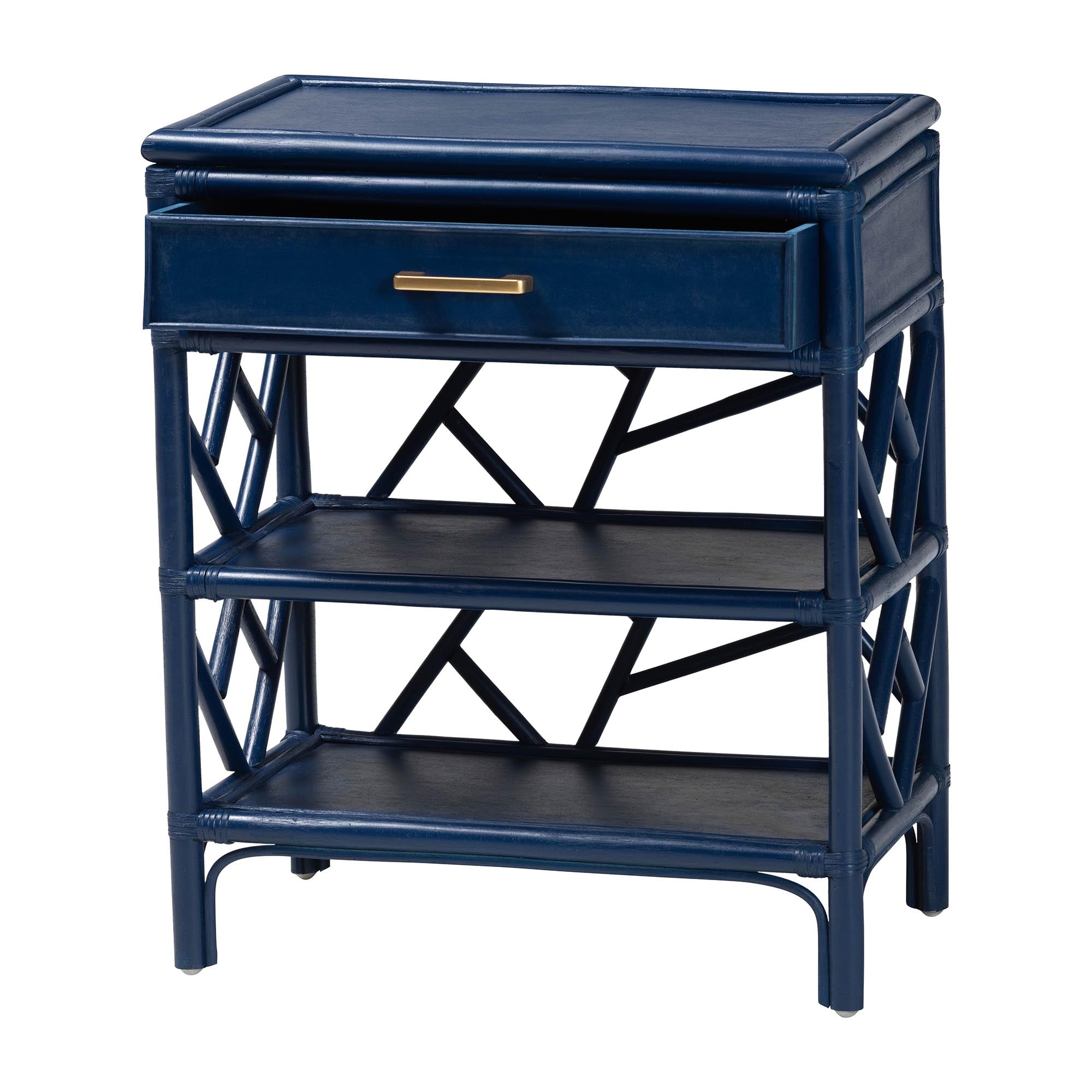 bali & pari Daina Natural Rattan Nightstand with Drawer and Open Shelves - Coastal Bedside Table with Geometric Design, Blue
