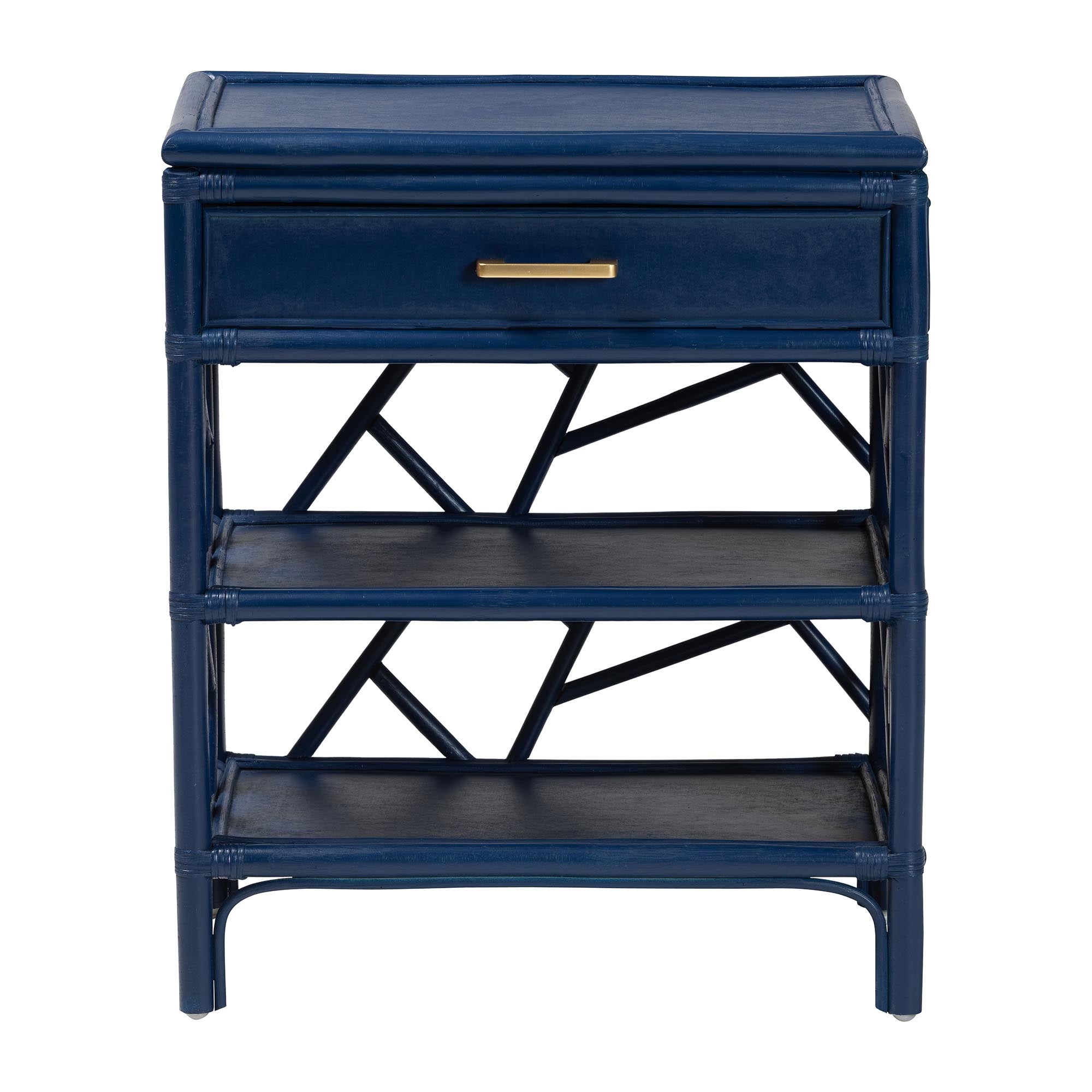 bali & pari Daina Natural Rattan Nightstand with Drawer and Open Shelves - Coastal Bedside Table with Geometric Design, Blue