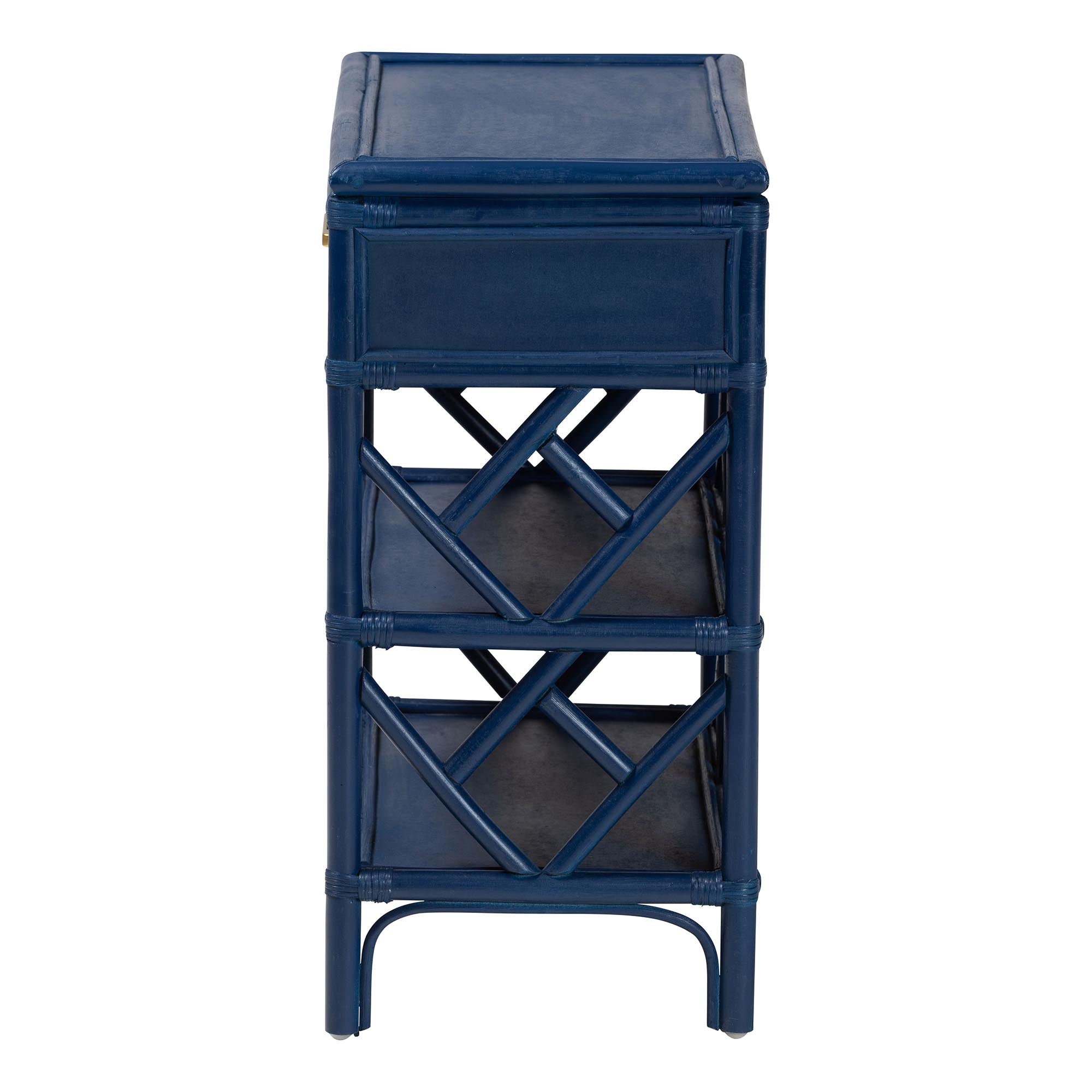 bali & pari Daina Natural Rattan Nightstand with Drawer and Open Shelves - Coastal Bedside Table with Geometric Design, Blue