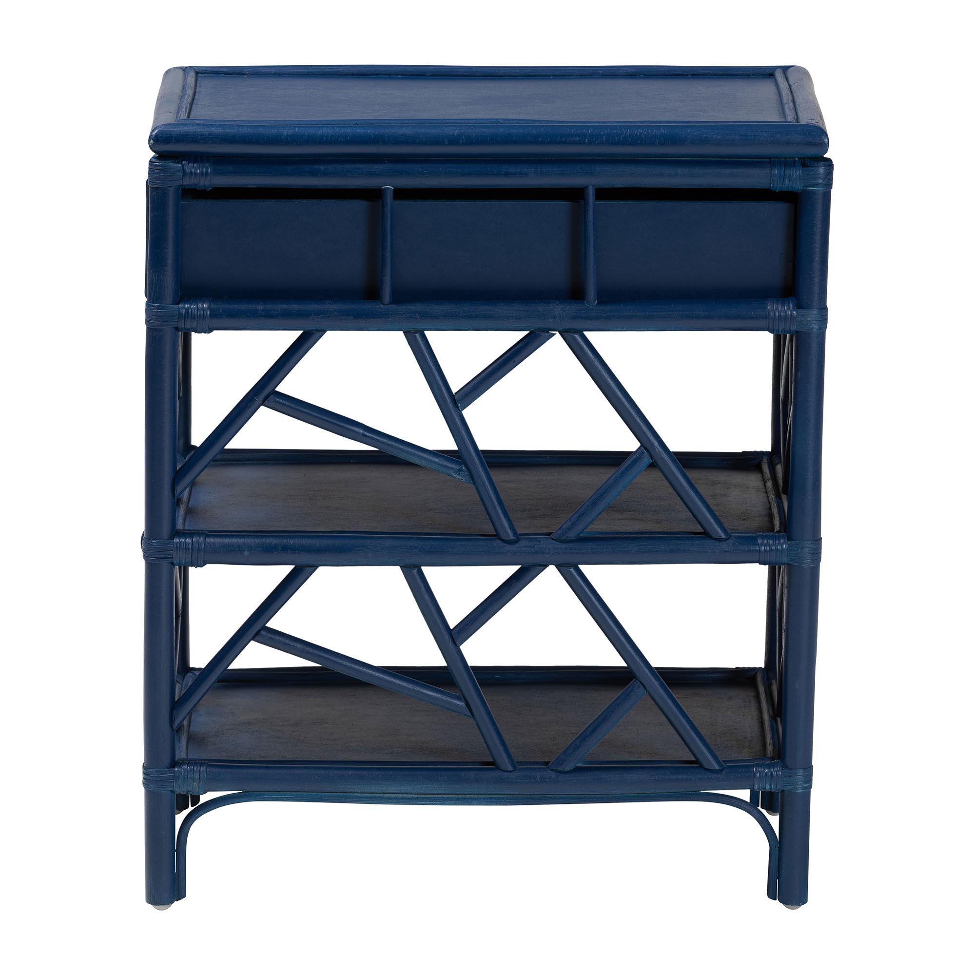 bali & pari Daina Natural Rattan Nightstand with Drawer and Open Shelves - Coastal Bedside Table with Geometric Design, Blue