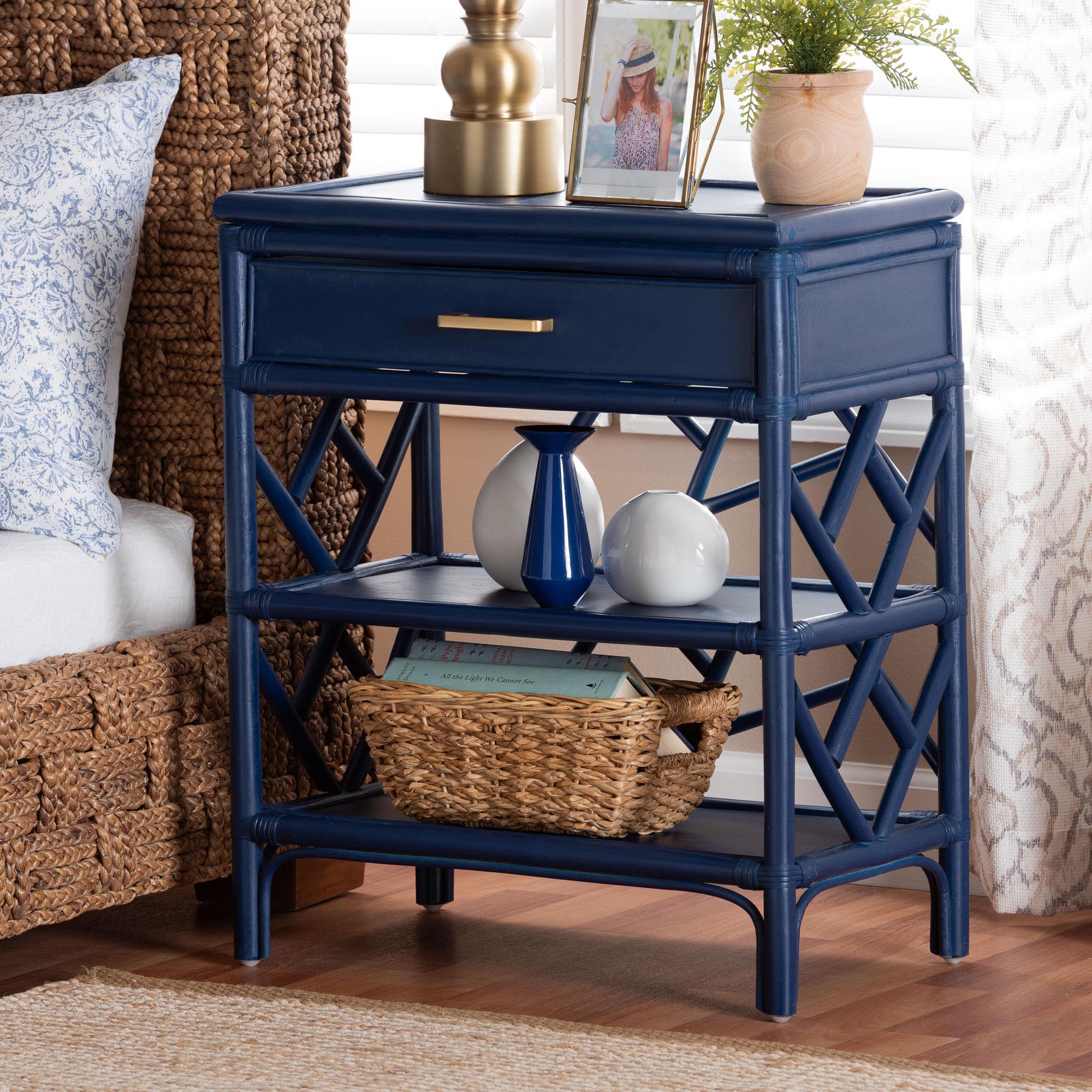bali & pari Daina Natural Rattan Nightstand with Drawer and Open Shelves - Coastal Bedside Table with Geometric Design, Blue